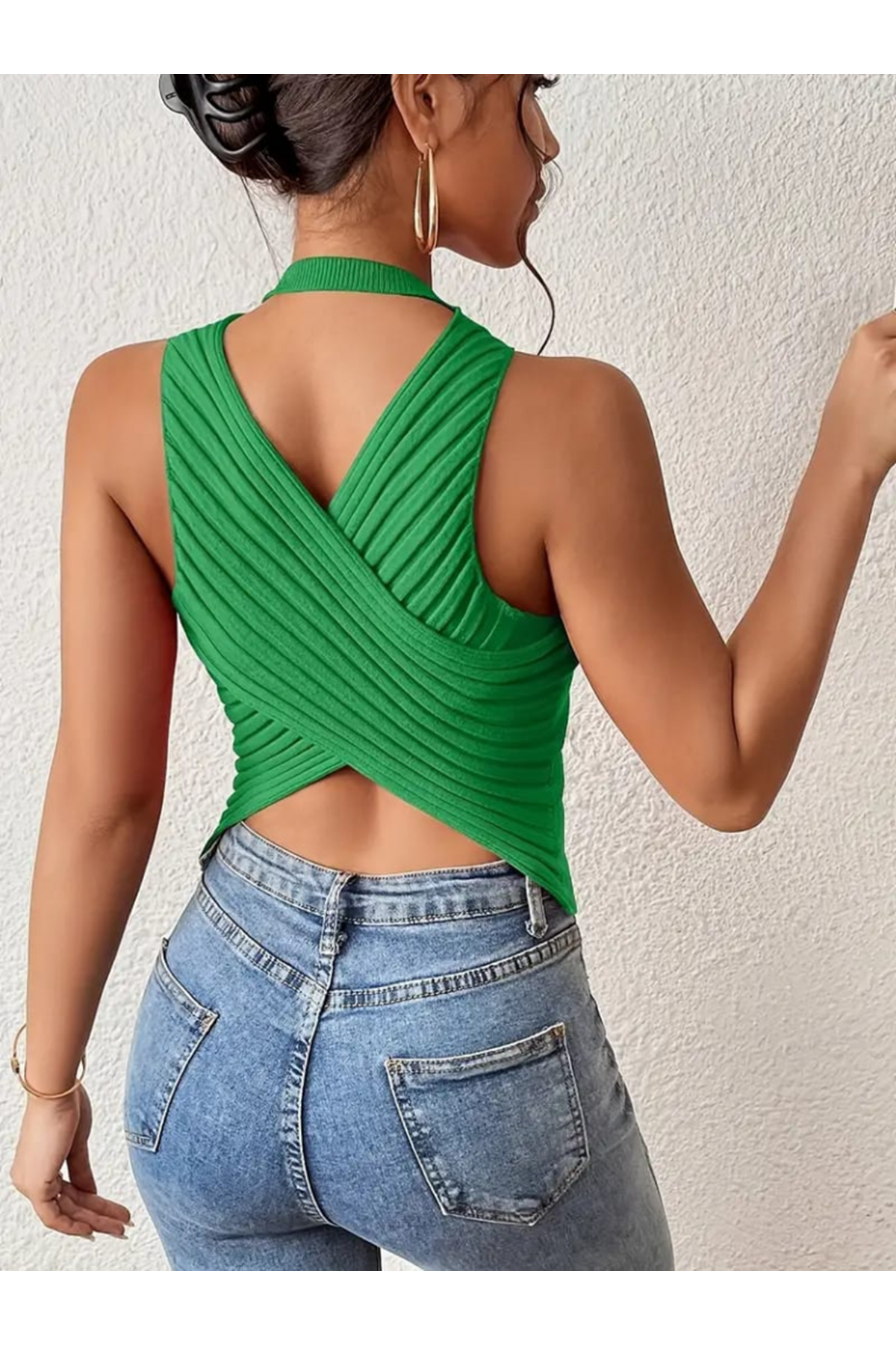 Kadın Sıfır Kol Sırt çapraz Detay Triko Bluz