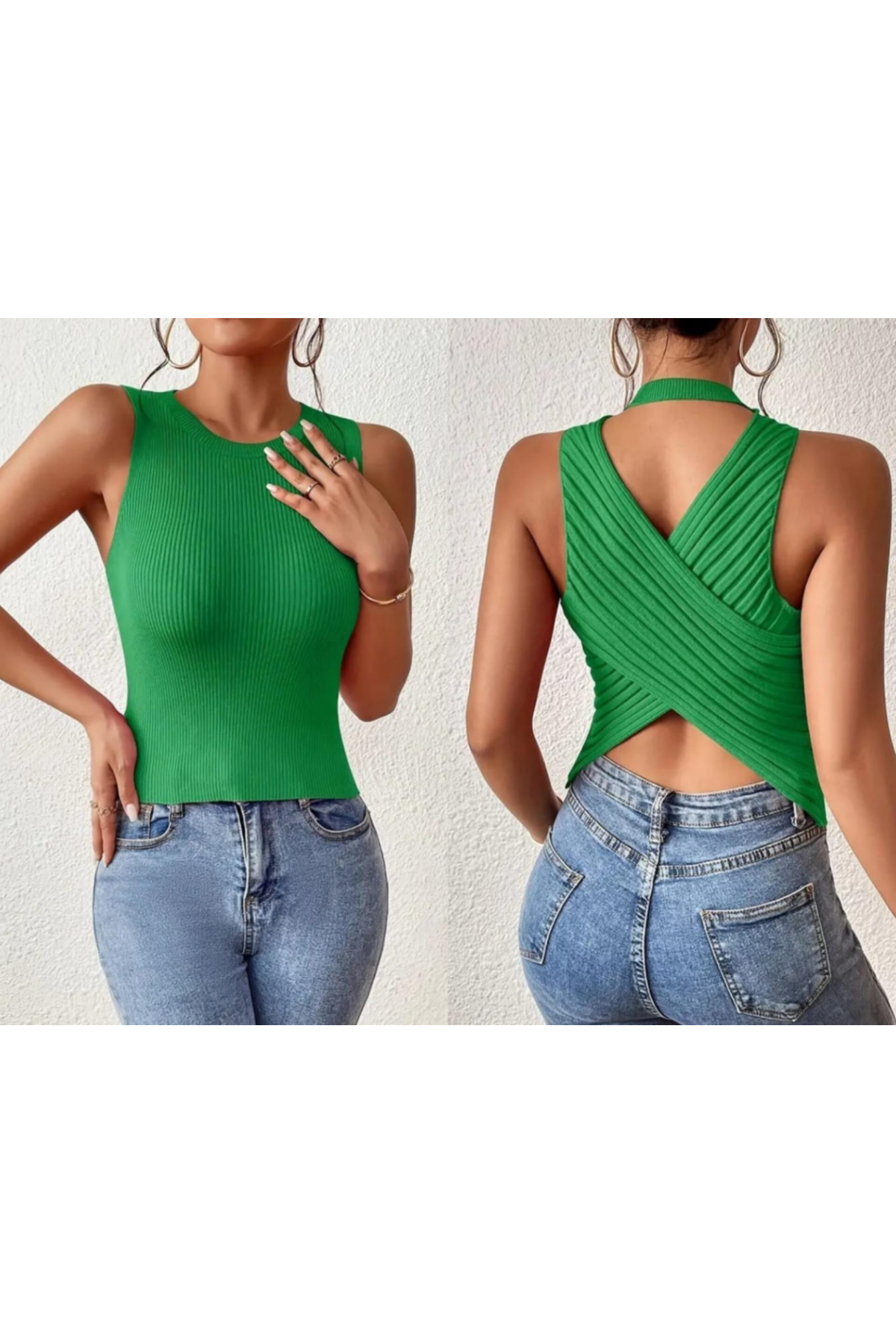 Kadın Sıfır Kol Sırt çapraz Detay Triko Bluz