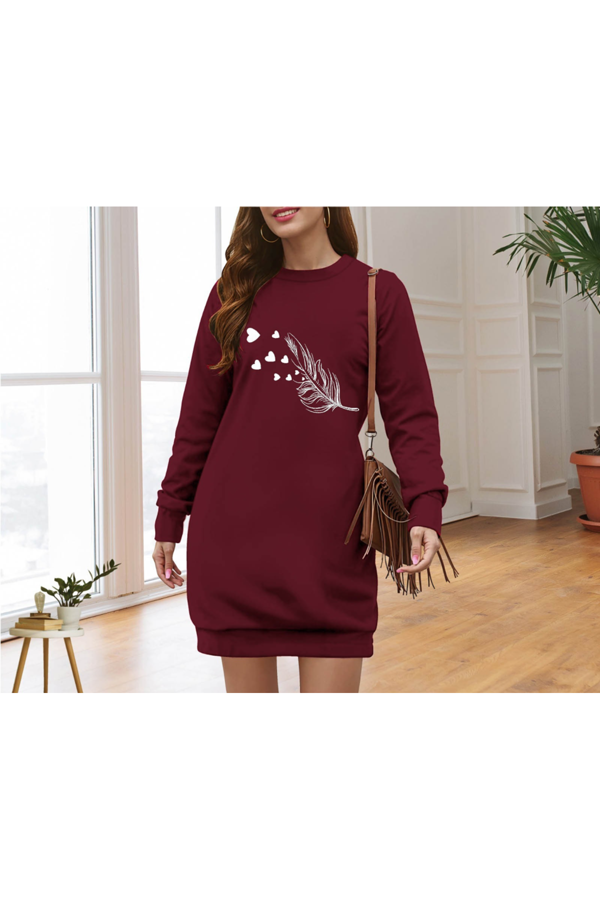 Kadın Uzun Kollu Bisiklet Yaka Desenli Viskon Iki Iplik Elbise