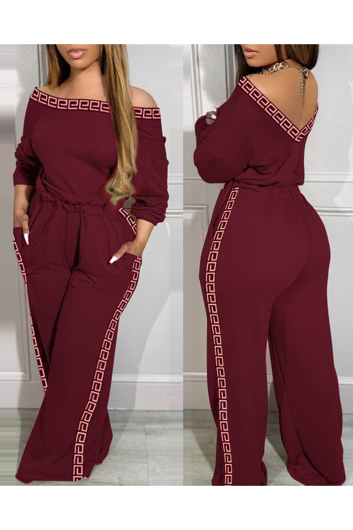 Kadın Uzun Kollu Omuzlardan Açık Beli Lastikli Cepli şerit Desenli Viskon Iki Iplik Tulum