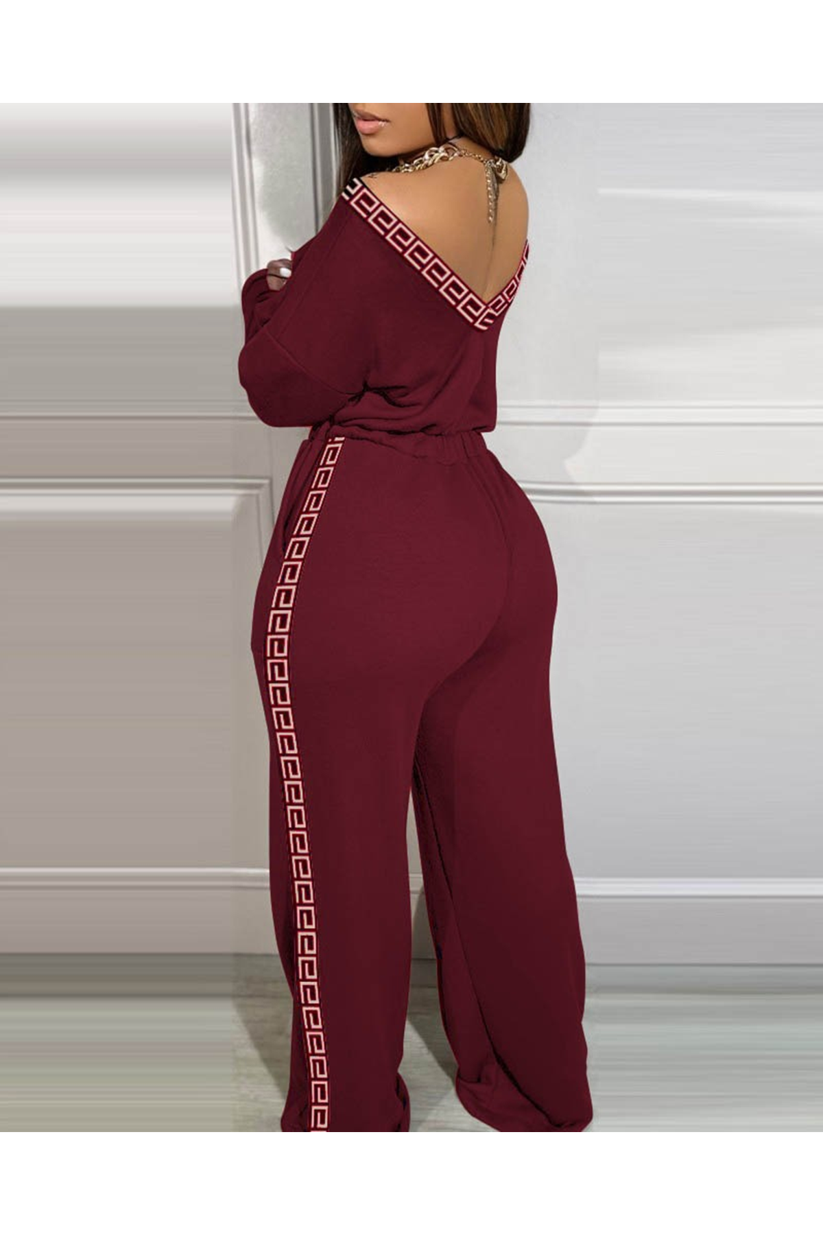 Kadın Uzun Kollu Omuzlardan Açık Beli Lastikli Cepli şerit Desenli Viskon Iki Iplik Tulum