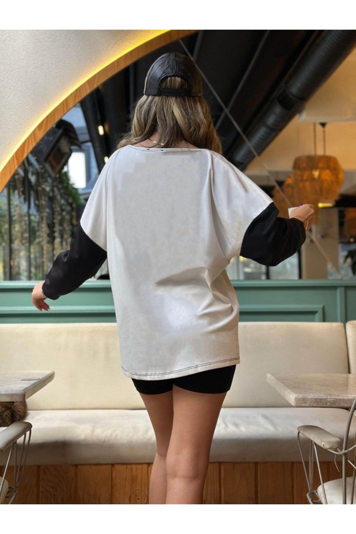 Kadın Uzun Kollu V Yakalı Kedi Baskılı şardonlu Dalgıç Bluz