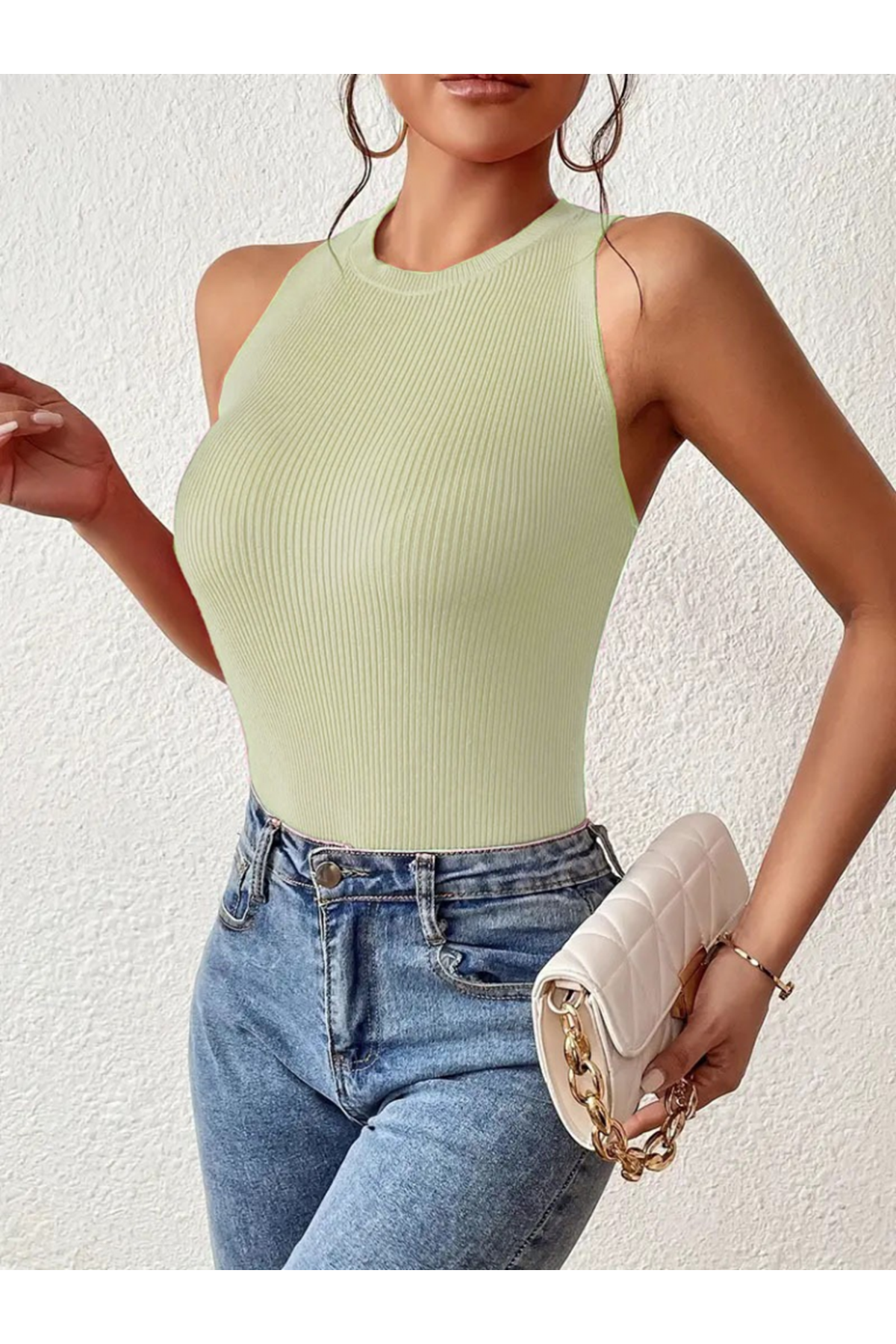 Kadın Kolsuz Sırt çapraz Detay Triko Bluz