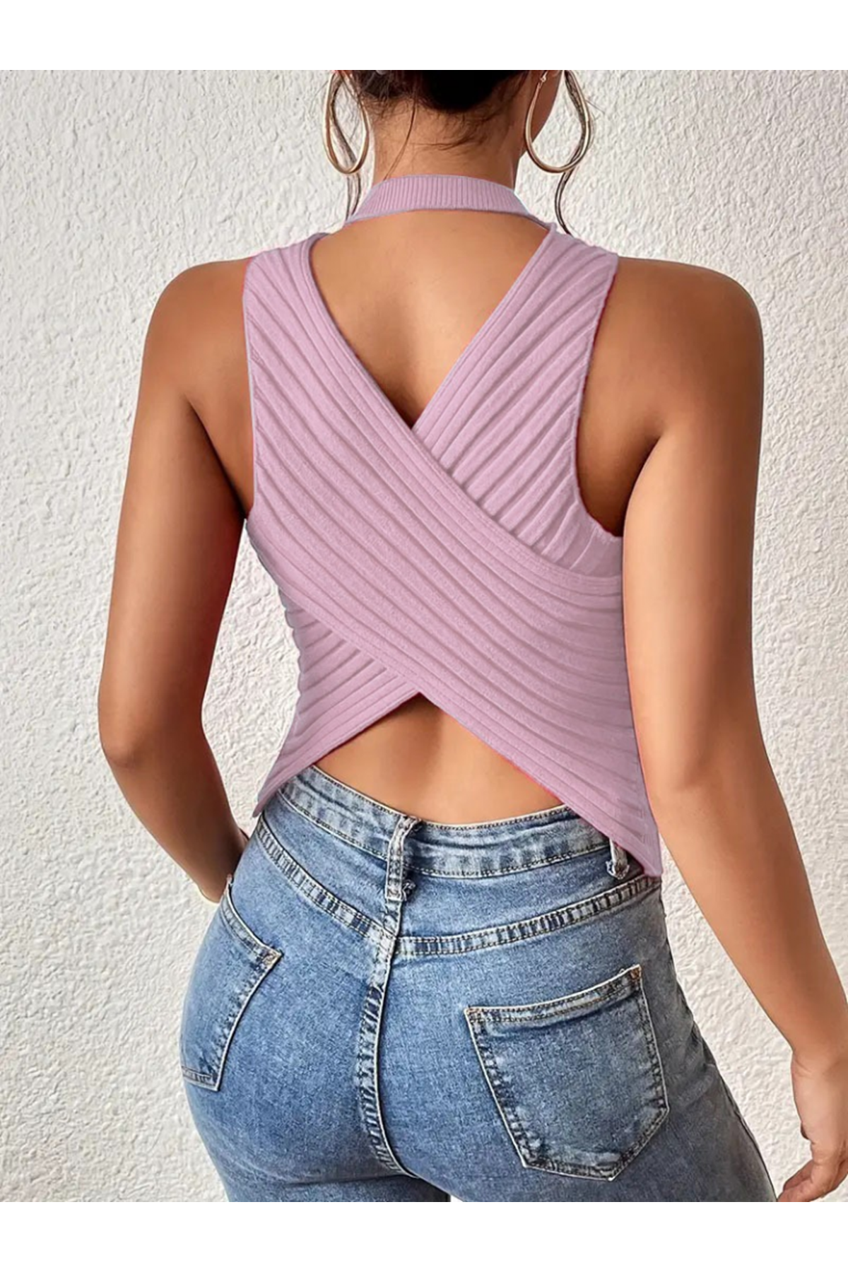 Kadın Kolsuz Sırt çapraz Detay Triko Bluz