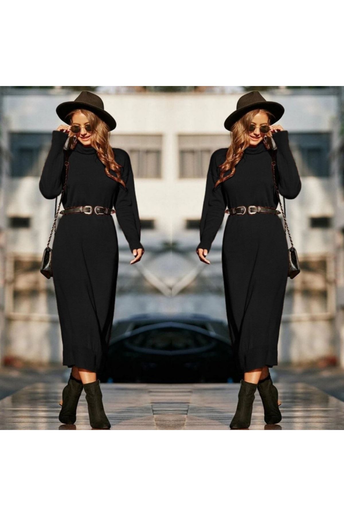 Kadın Uzun Kollu Boğazlı Midi Boy Triko Elbise (kemersiz)