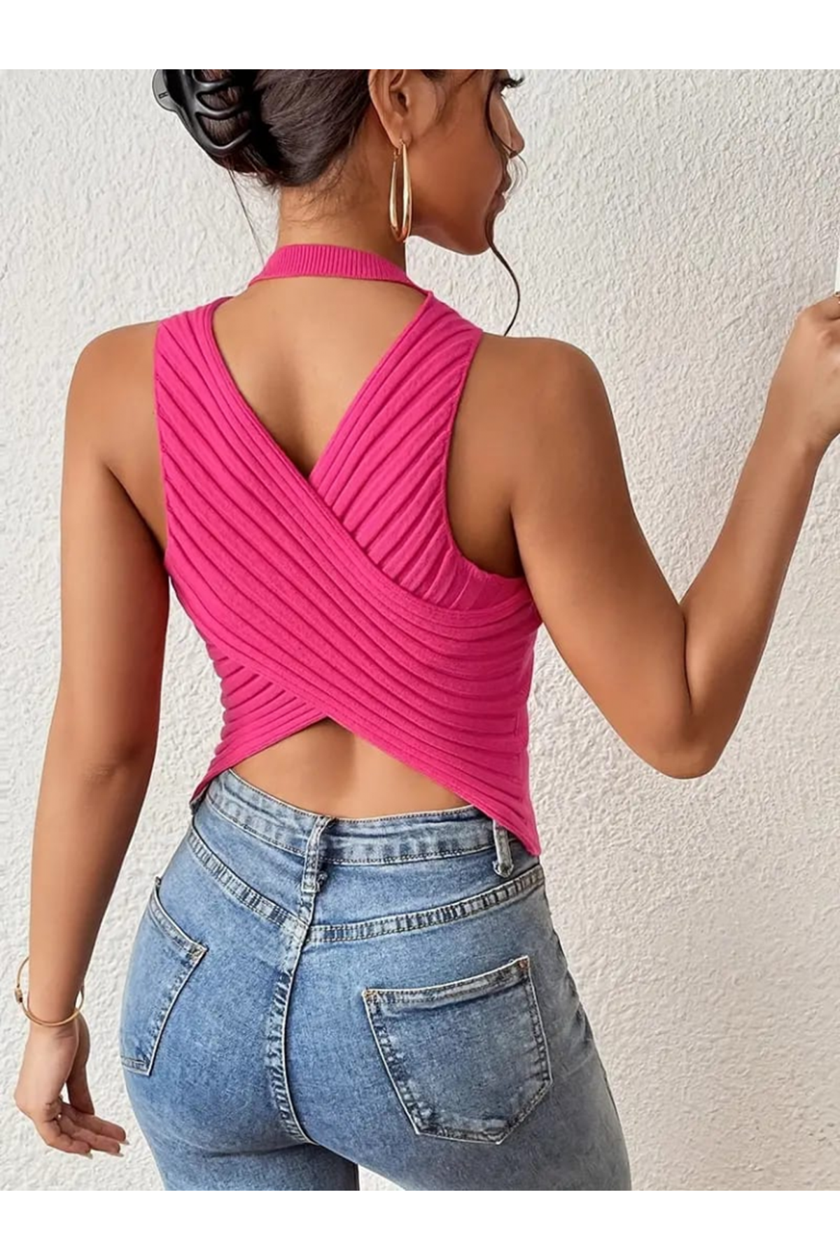 Kadın Sıfır Kol Sırt çapraz Detay Triko Bluz