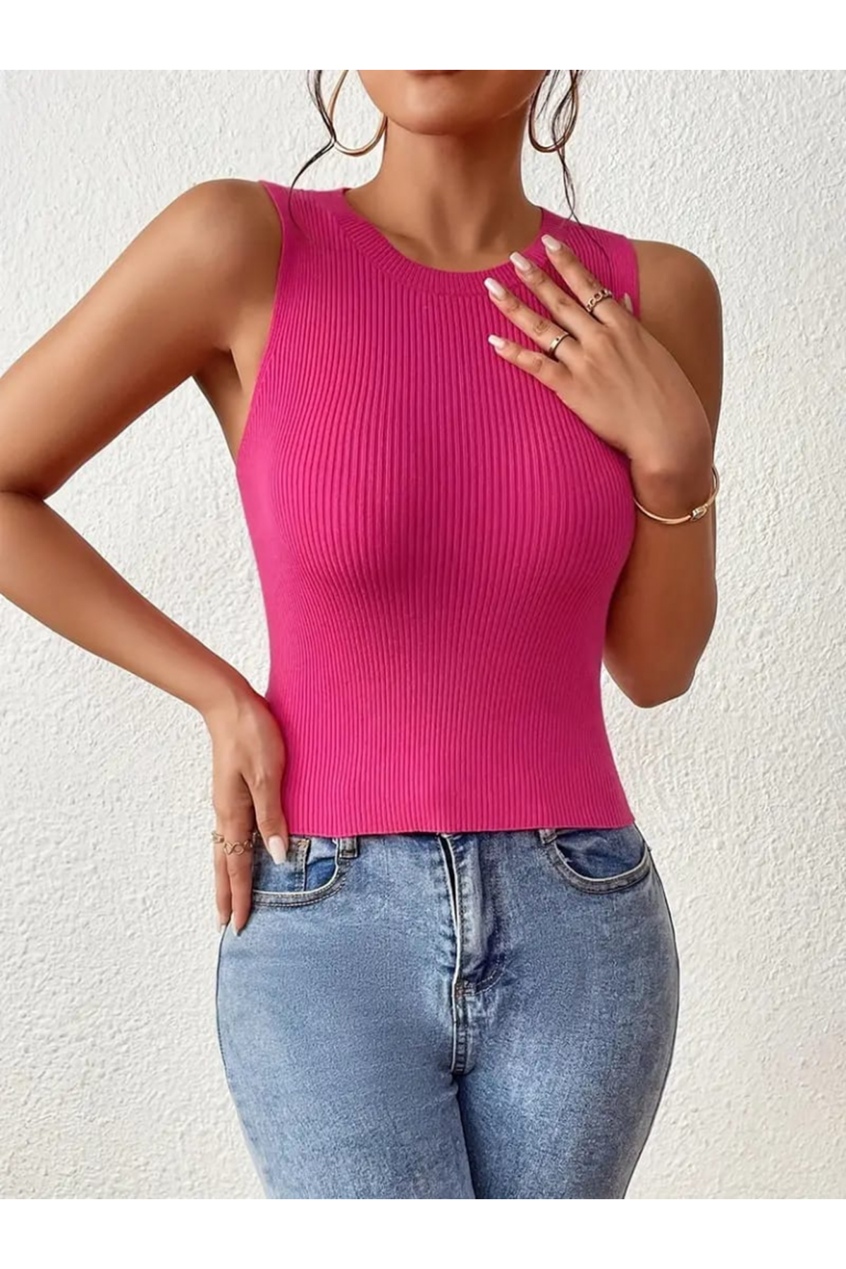 Kadın Sıfır Kol Sırt çapraz Detay Triko Bluz