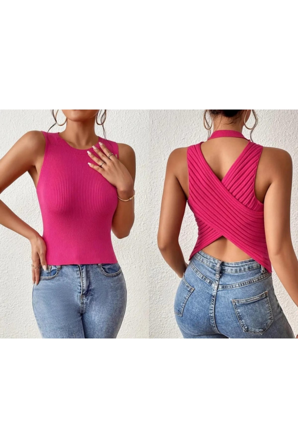 Kadın Kolsuz Sırt çapraz Detay Triko Bluz