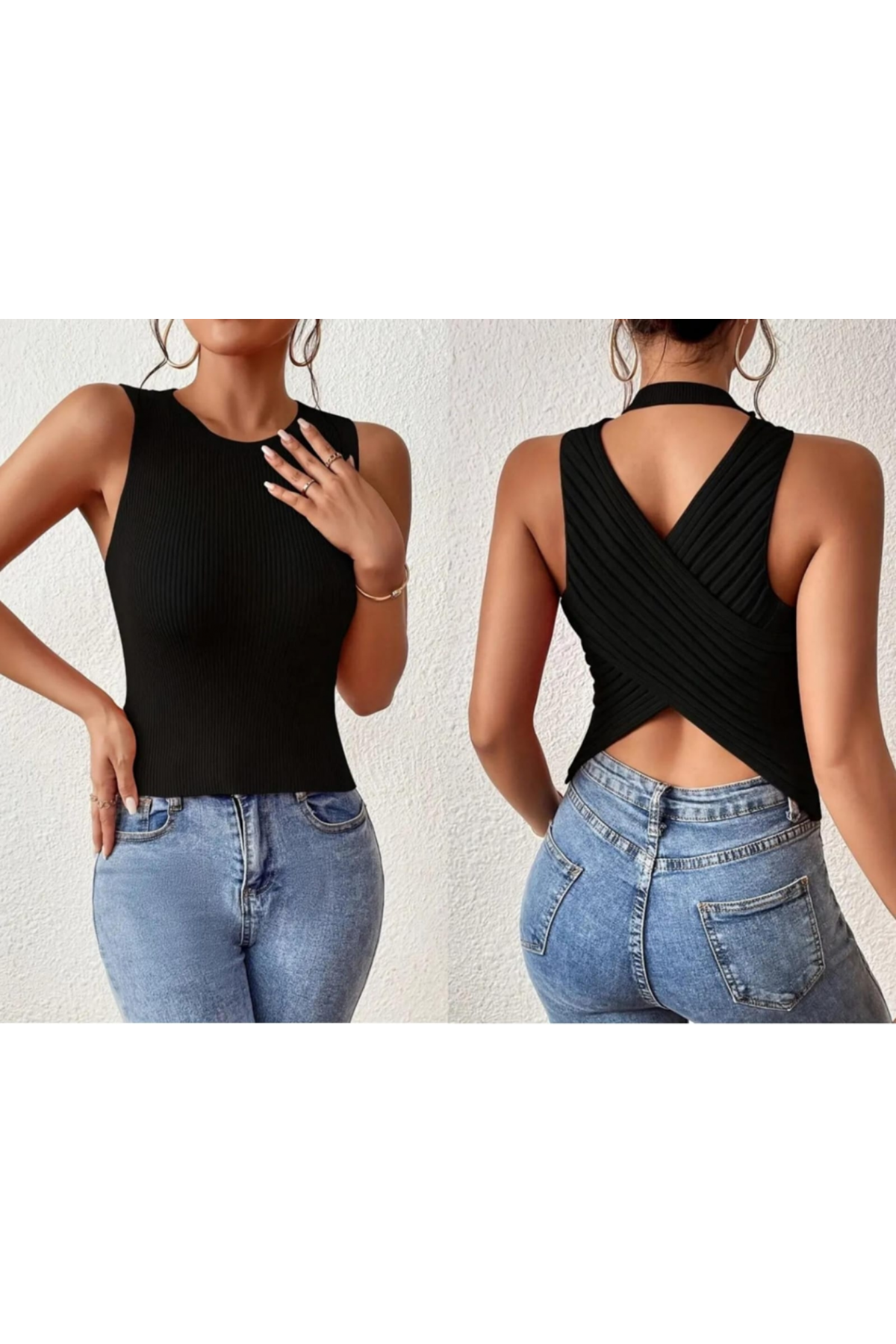 Kadın Kolsuz Sırt çapraz Detay Triko Bluz