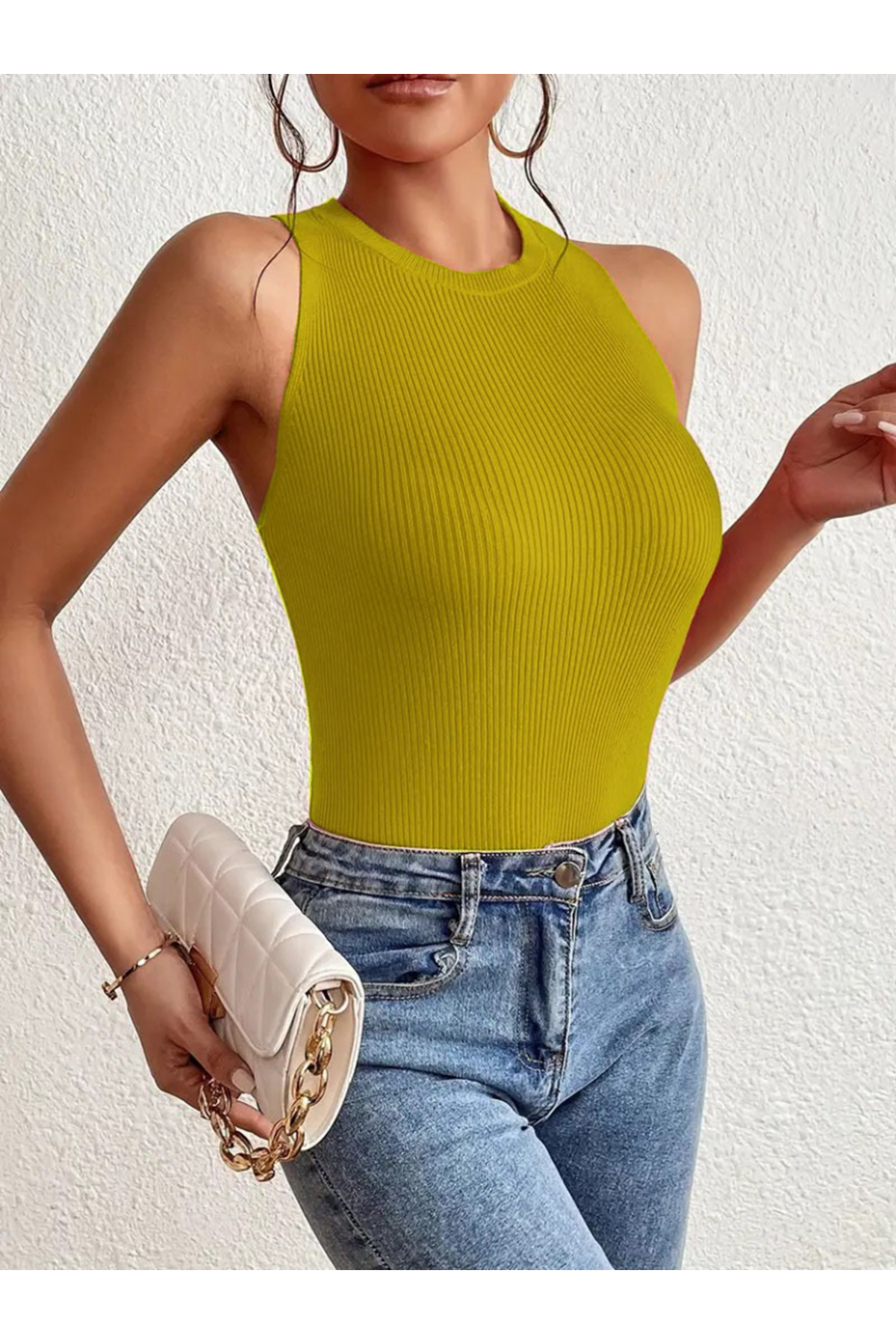 Kadın Kolsuz Sırt çapraz Detay Triko Bluz