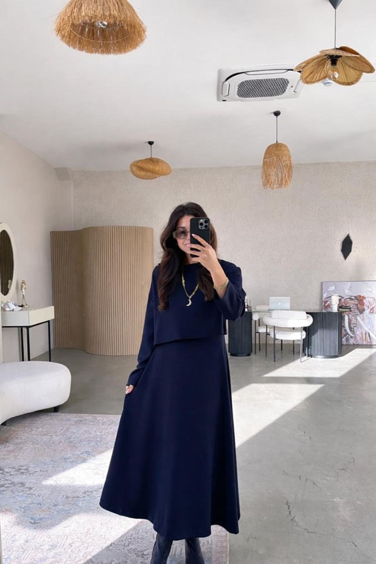 Kadın Uzun Kollu Bluz Ve Ve Askılı Elbise Ikili Takim