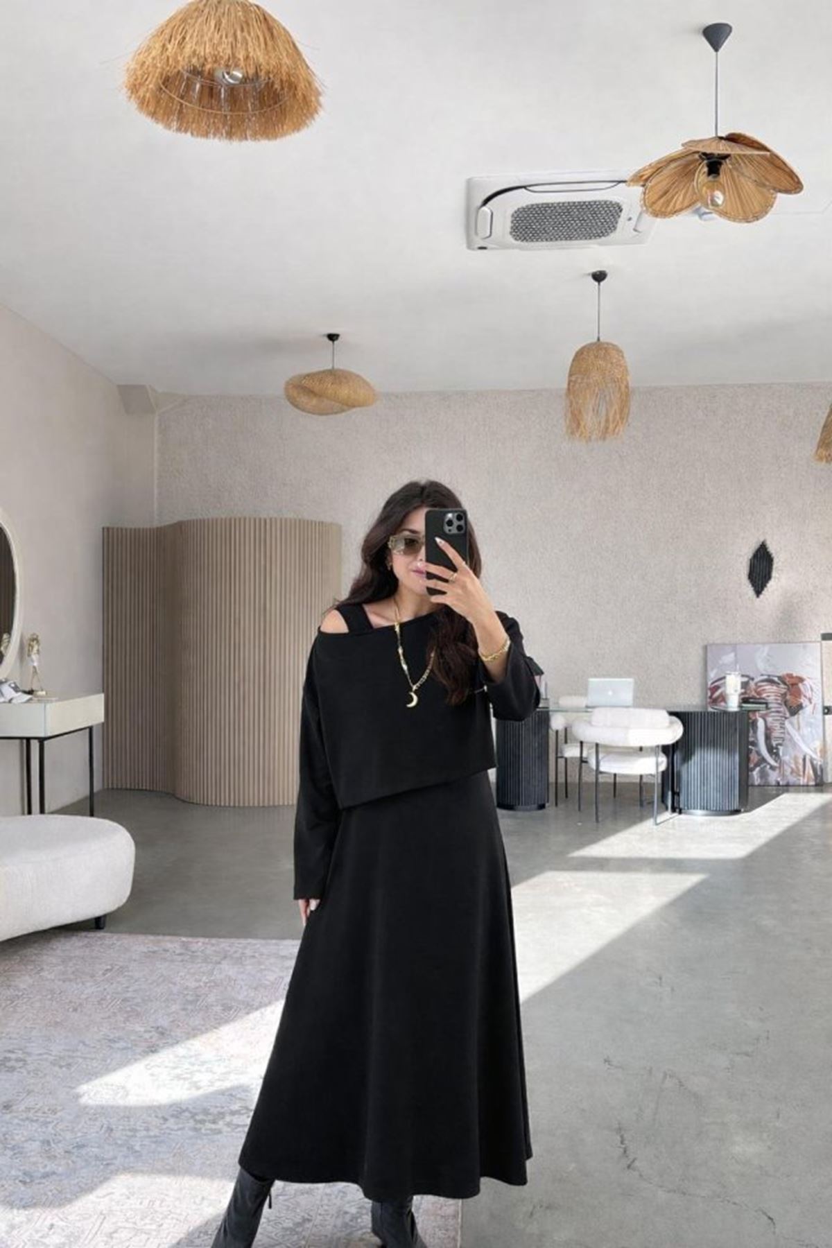 Kadın Uzun Kollu Bluz Ve Ve Askılı Elbise Ikili Takim