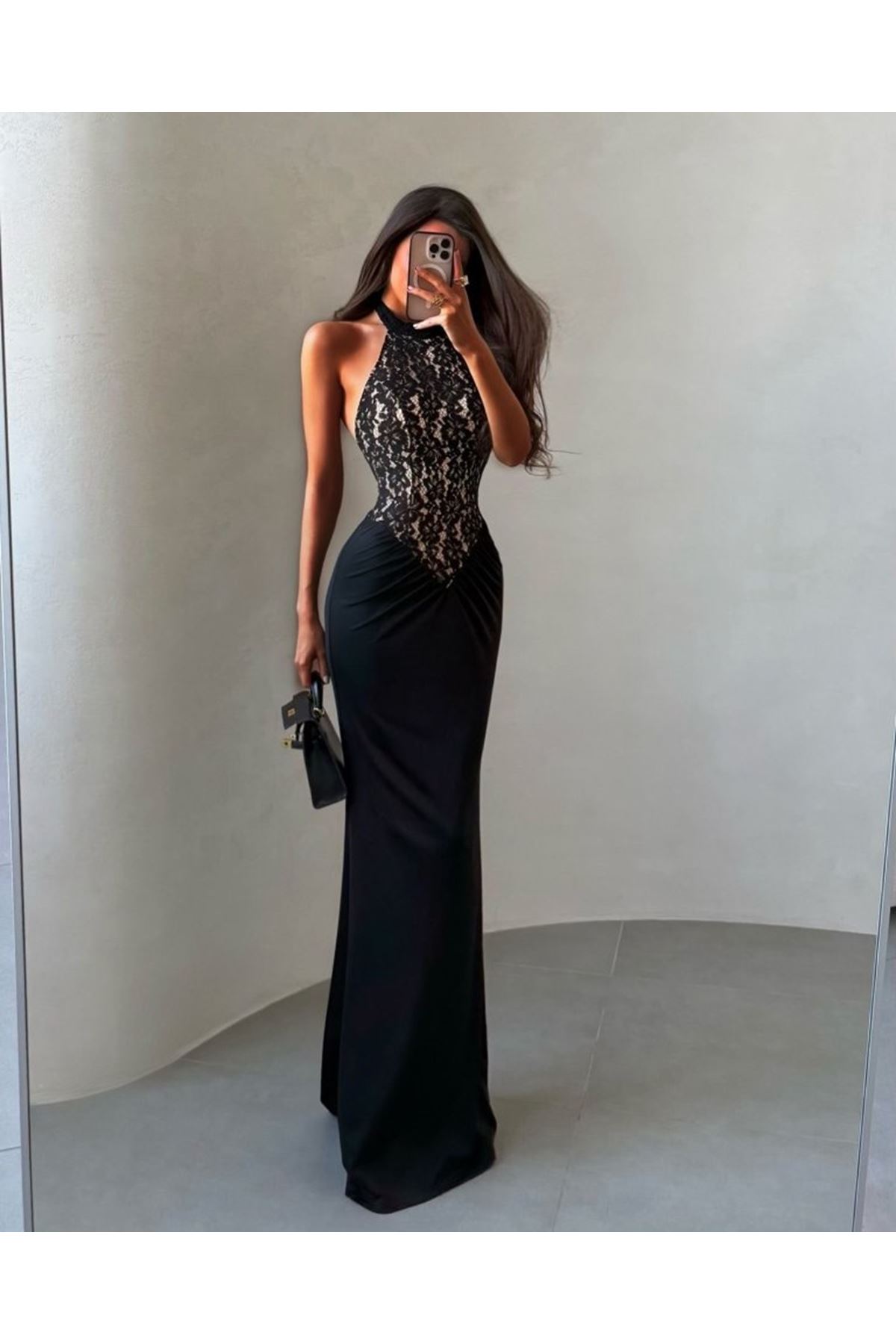 Kitap Okuyalım Mı Kitap Getir Kadın Halter Yaka Fantel Transparan Ve Sırt Dekoltesi Detay Maxi Boy Elbise