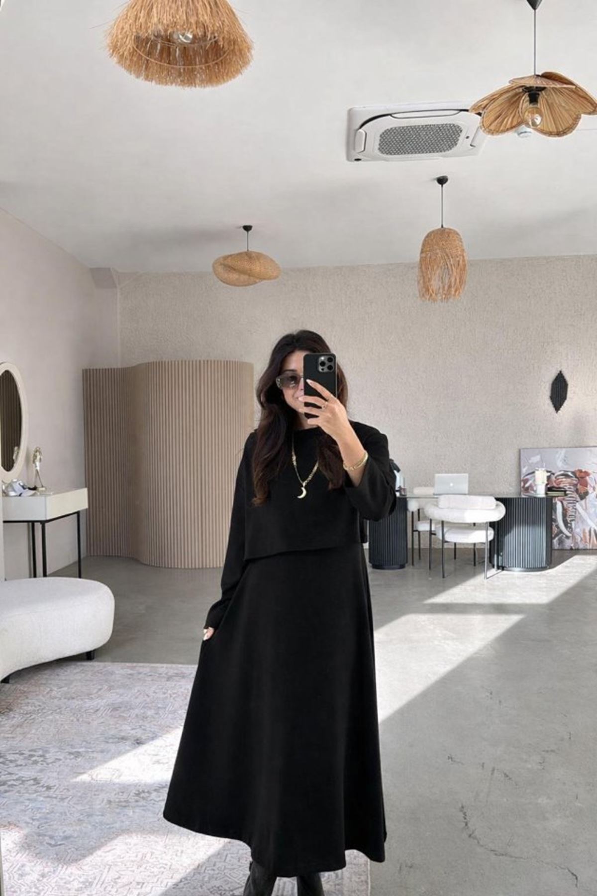 Kadın Uzun Kollu Bluz Ve Ve Askılı Elbise Ikili Takim