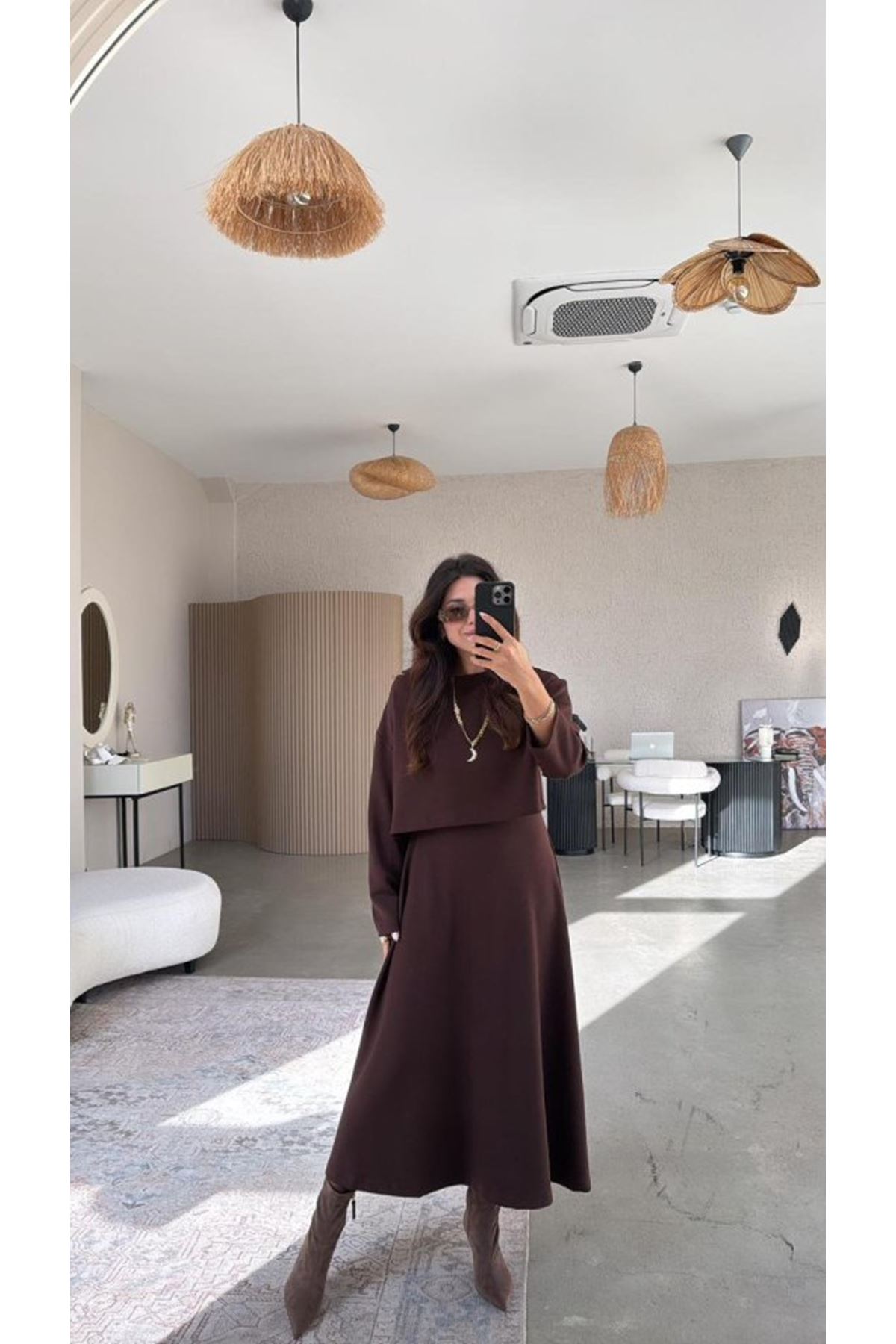 Kadın Uzun Kollu Bluz Ve Ve Askılı Elbise Ikili Takim