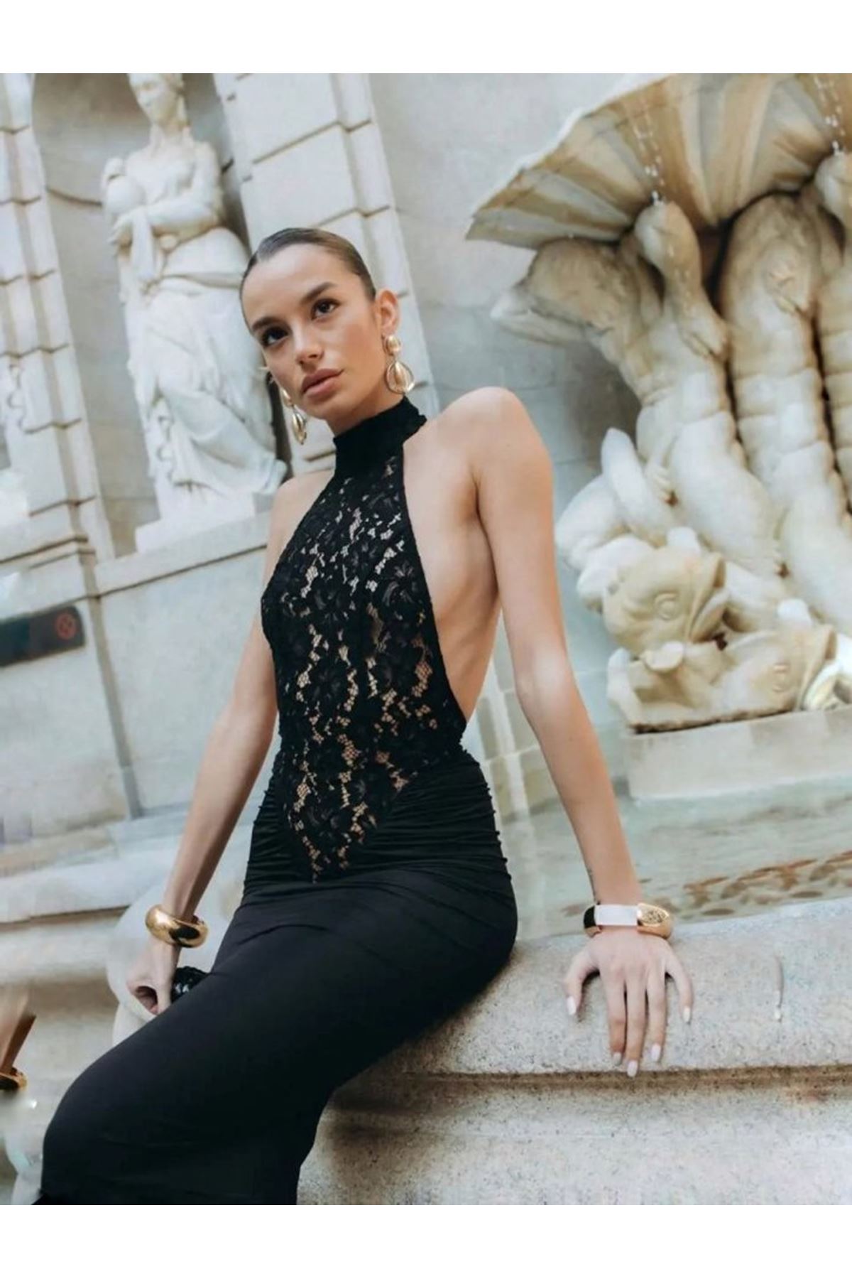 Kitap Okuyalım Mı Kitap Getir Kadın Halter Yaka Fantel Transparan Ve Sırt Dekoltesi Detay Maxi Boy Elbise