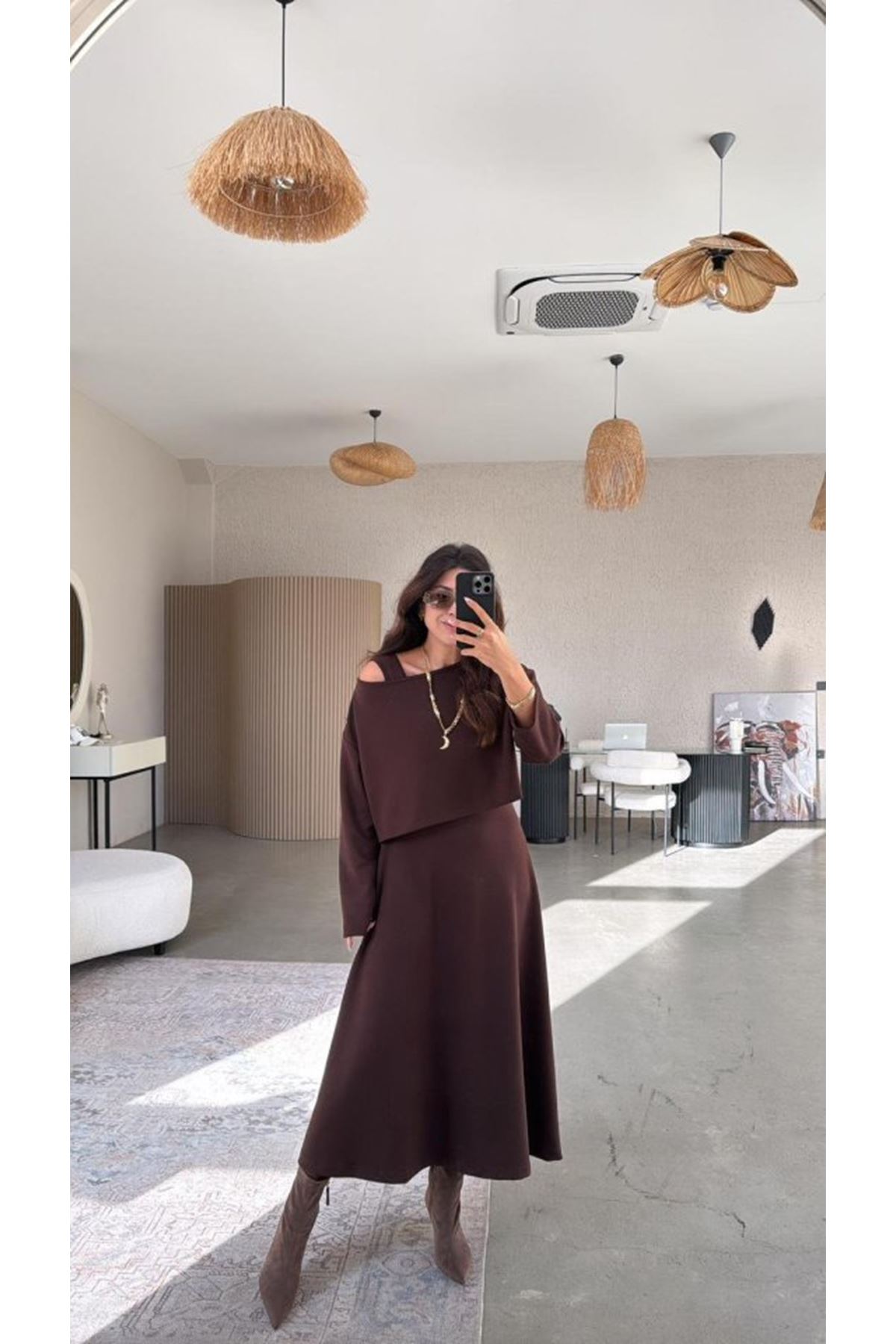 Kadın Uzun Kollu Bluz Ve Ve Askılı Elbise Ikili Takim