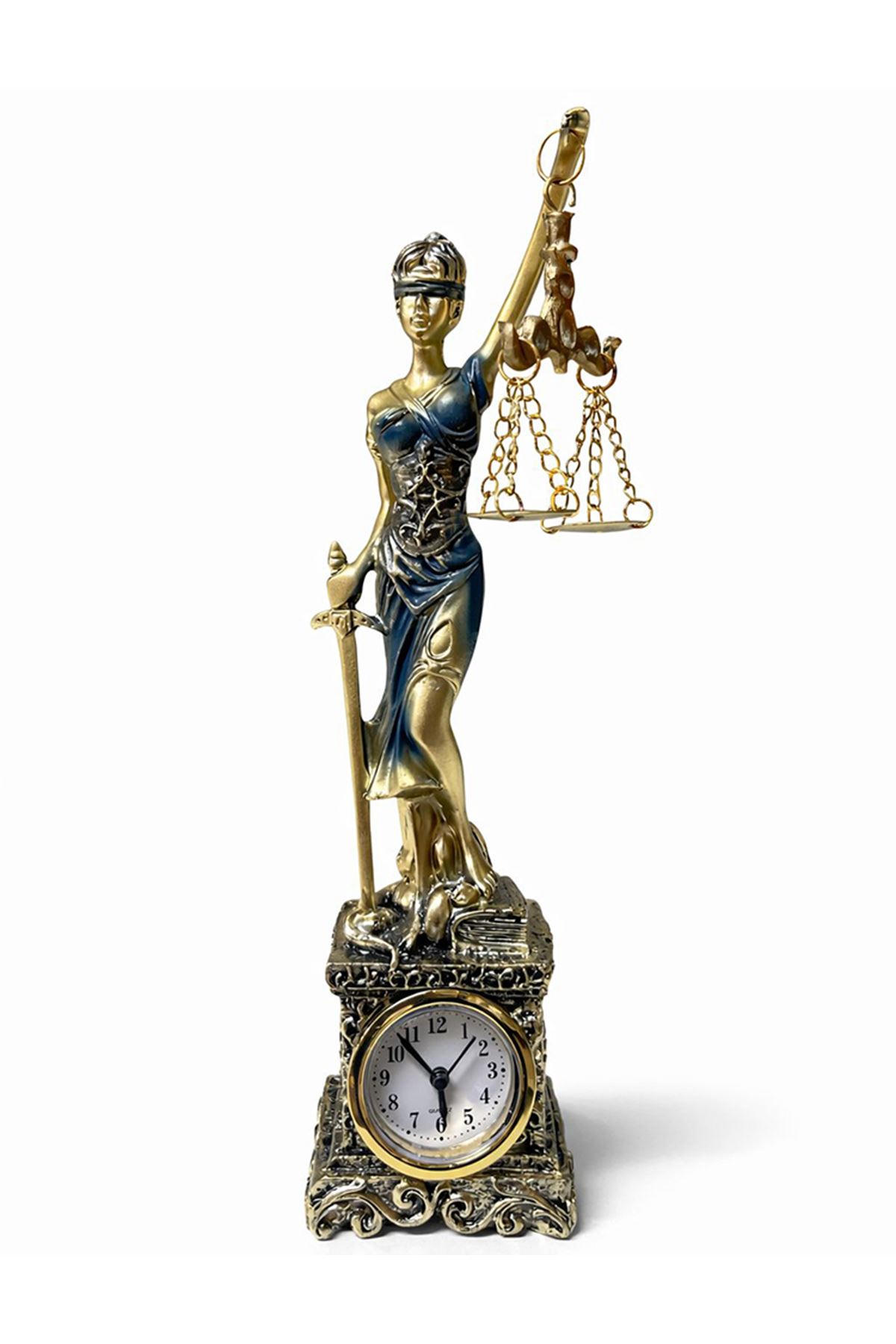 26x7 cm Polyester Saatli Adalet Figürü
