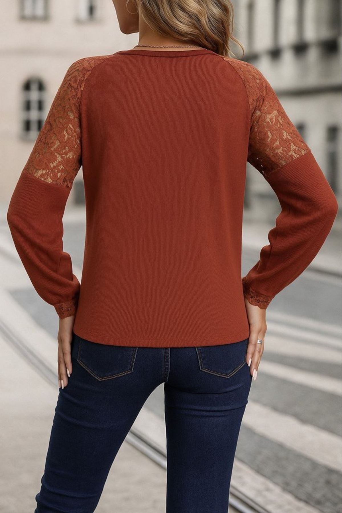 Kadın Uzun Kollu V Yakalı Dantelli Waffle Bluz