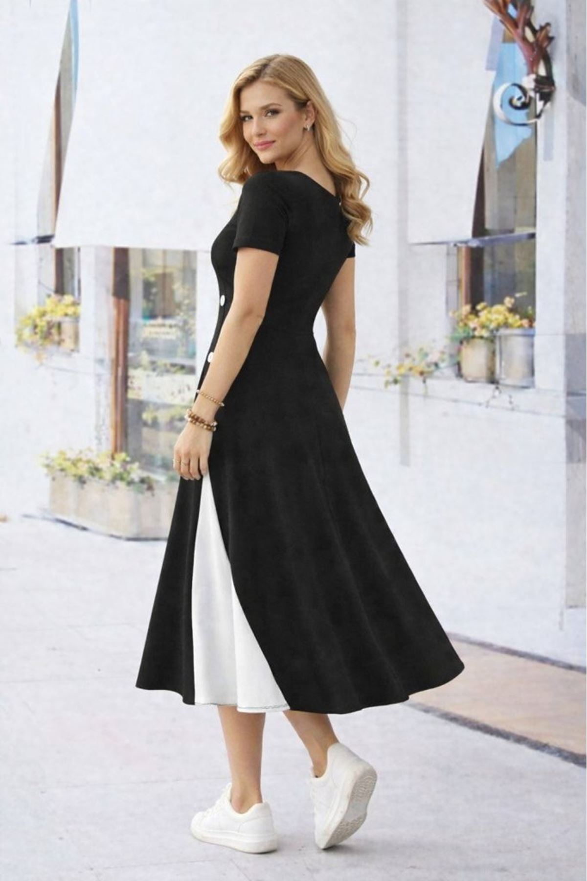 Kadın Kısa Kollu Asimetrik Yakalı Düğme Detaylı Midi Viskon Elbise