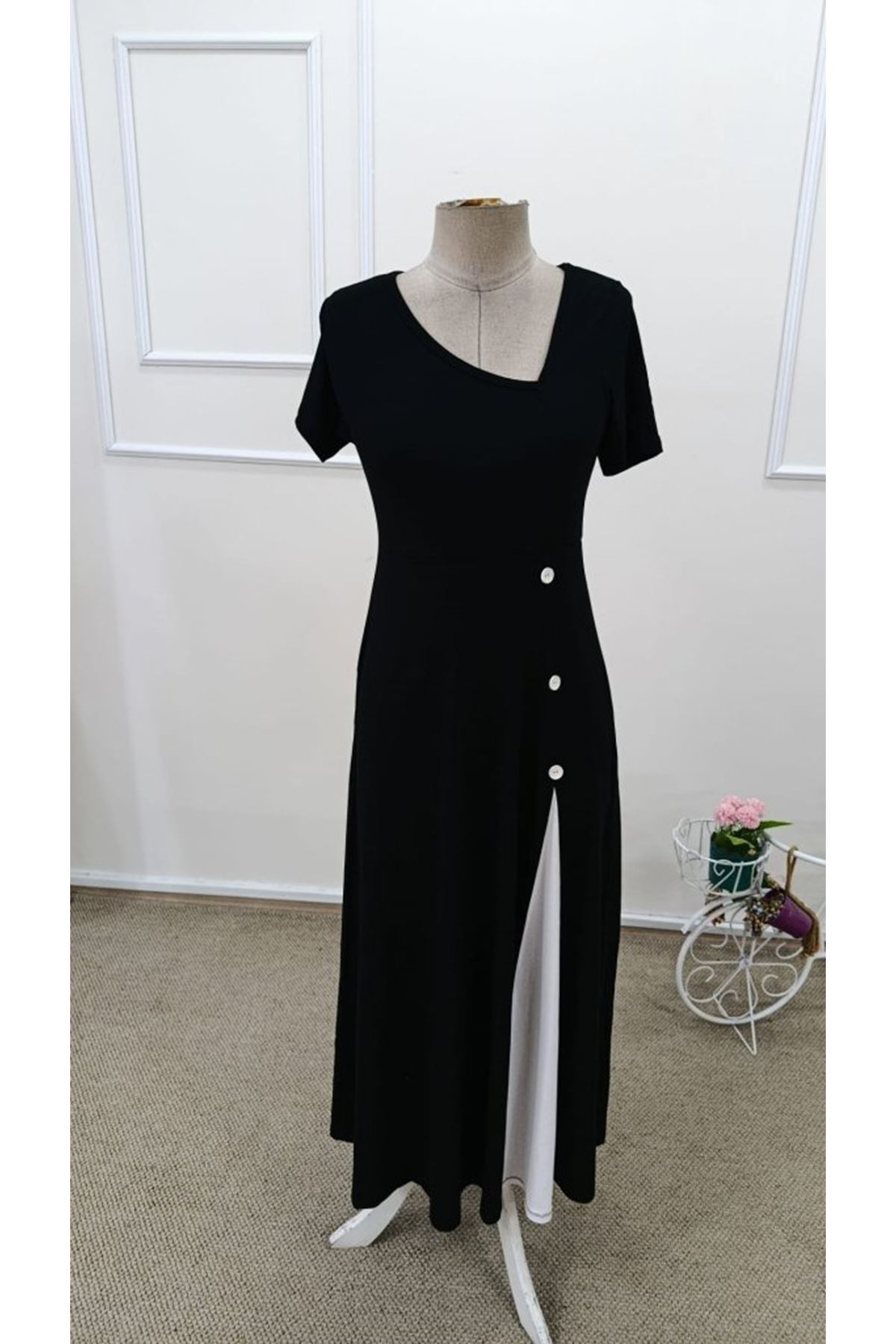 Kadın Kısa Kollu Asimetrik Yakalı Düğme Detaylı Midi Viskon Elbise