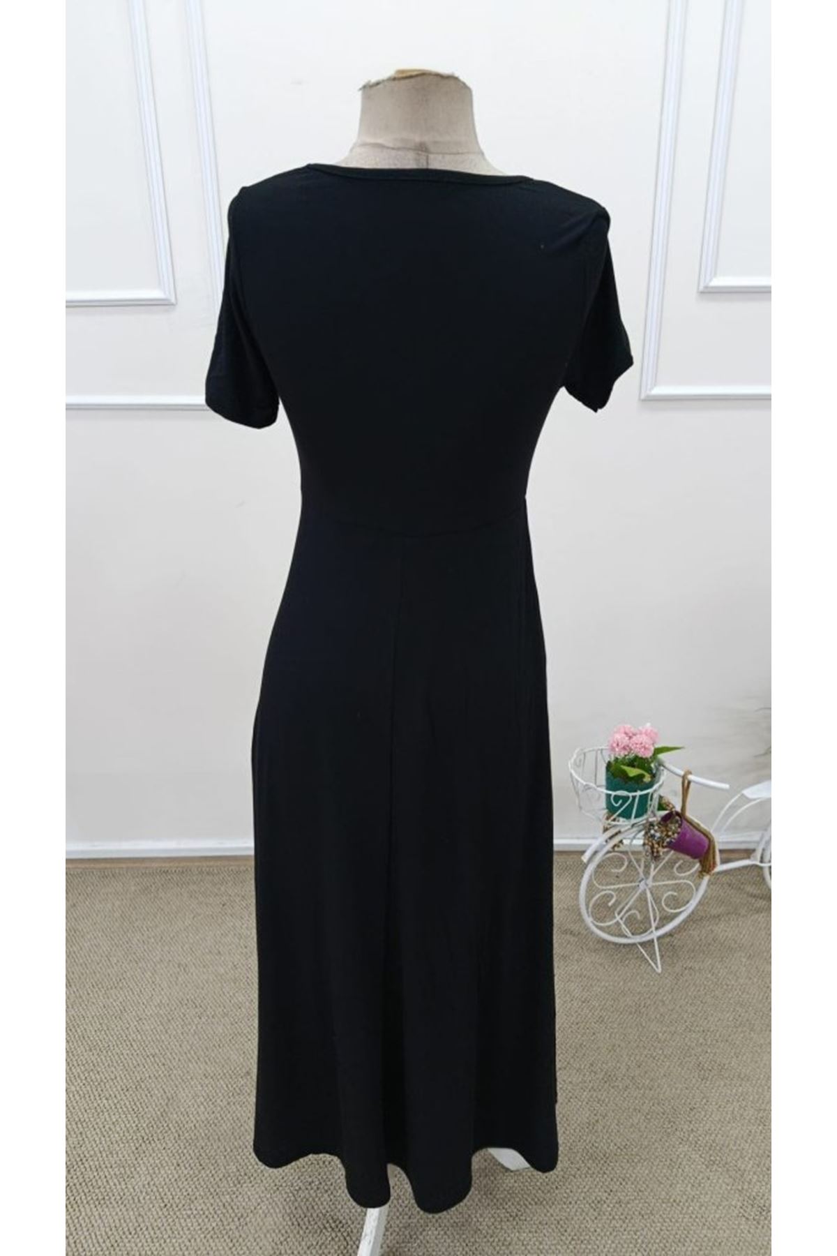 Kadın Kısa Kollu Asimetrik Yakalı Düğme Detaylı Midi Viskon Elbise