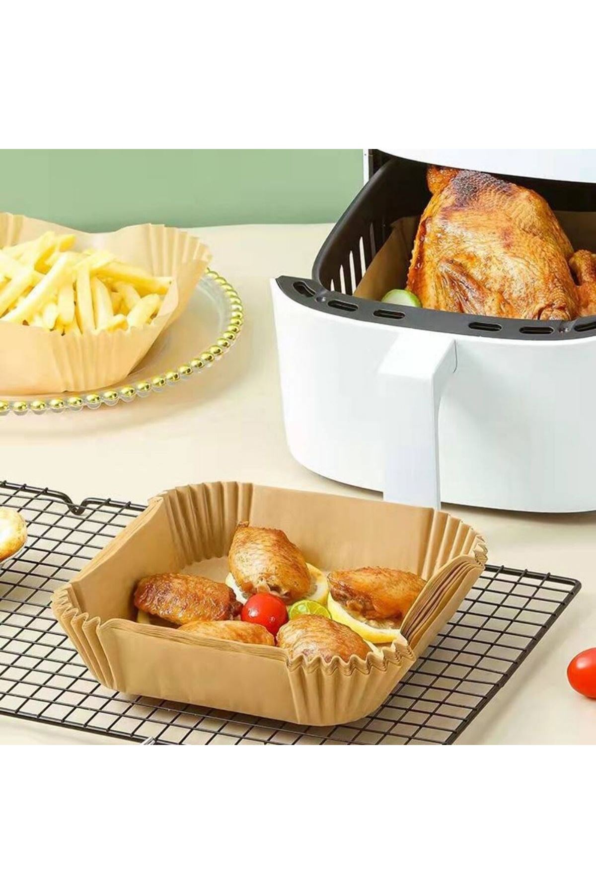 50 Adet Air Fryer Pişirme Kağıdı Tek Kullanımlık Hava Fritöz Yağ Geçirmez Yapışmaz Kare Tabak Model