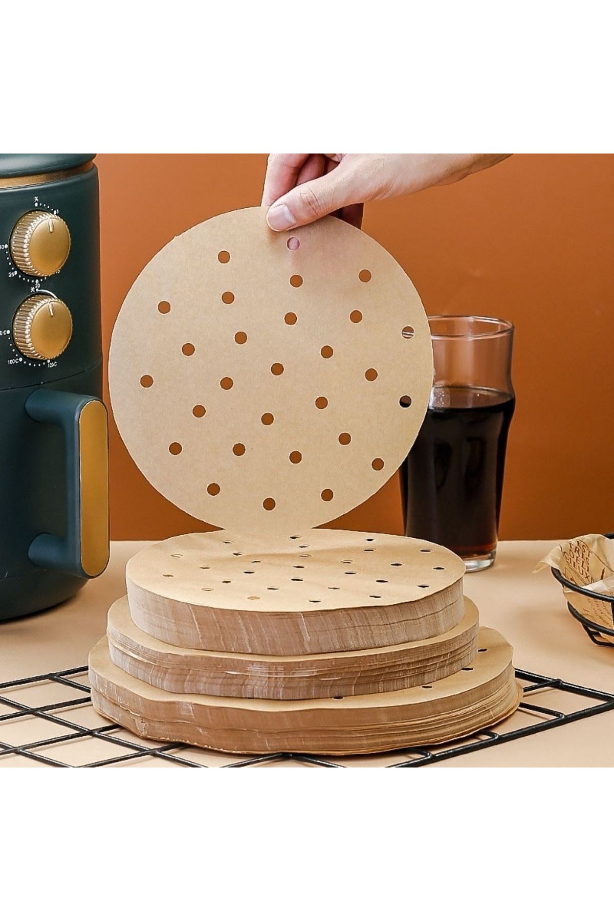 100 Adet  Air Fryer Pişirme Kağıdı Tek Kullanımlık Hava Fritözü Yuvarlak Delikli Model