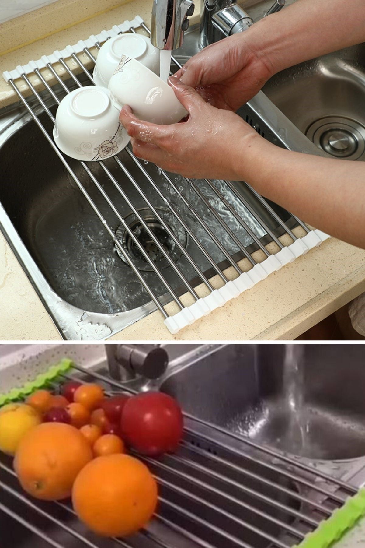 TBL Dekor® Evye Üstü Katlanır Nihale Paslanmaz Çelik Pratik Sebze Meyve Bulaşık Kurutma Süzgeci