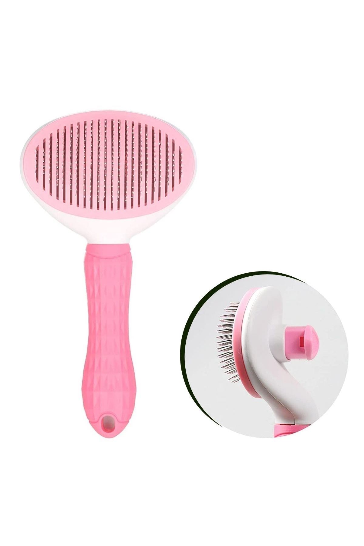 TBL Dekor® Kedi Köpek Tüy Toplayıcı Kendini Temizleyebilen Ergonomik Saplı Evcil Hayvan Tarağı Pembe