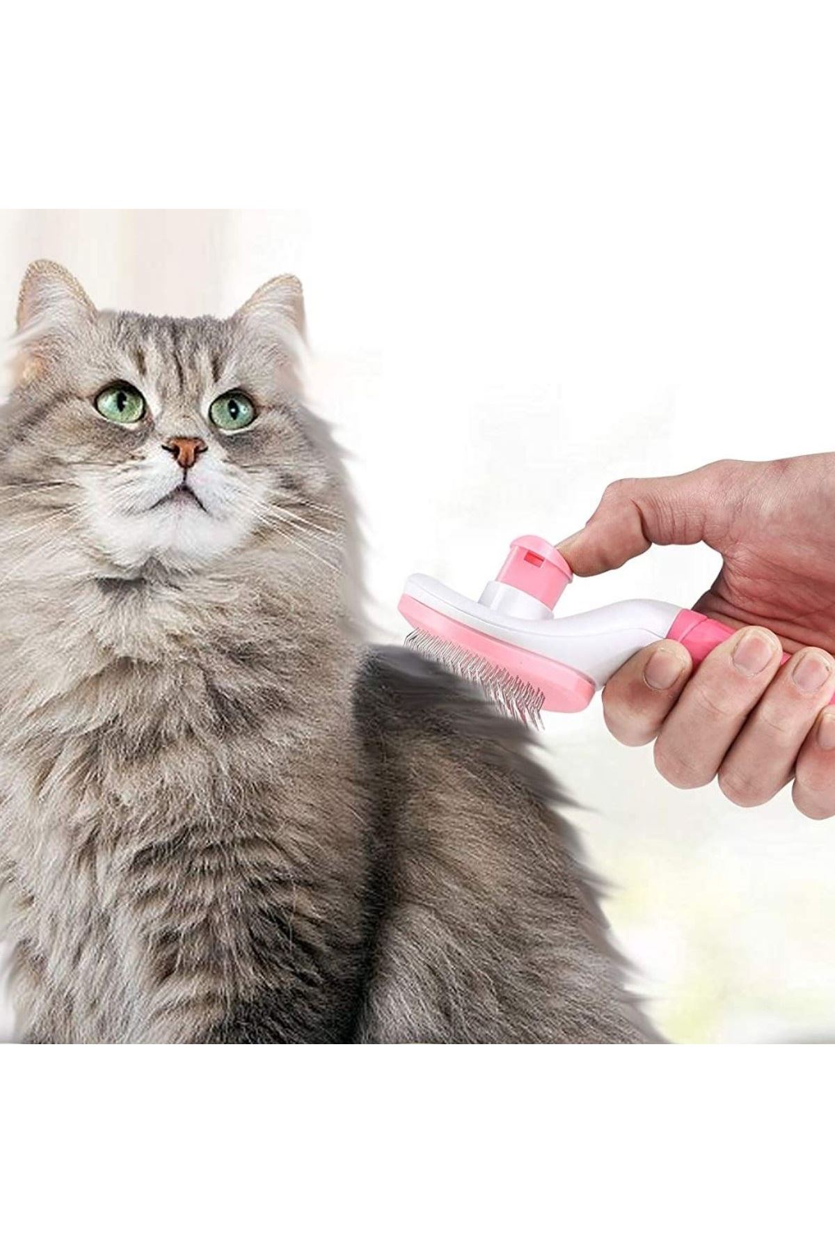 TBL Dekor® Kedi Köpek Tüy Toplayıcı Kendini Temizleyebilen Ergonomik Saplı Evcil Hayvan Tarağı Pembe