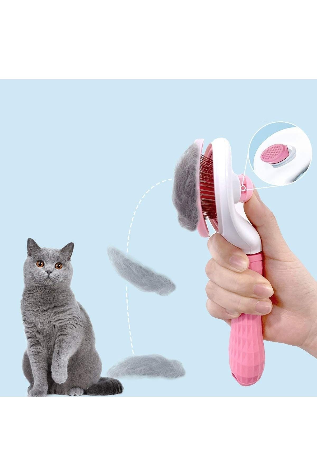 TBL Dekor® Kedi Köpek Tüy Toplayıcı Kendini Temizleyebilen Ergonomik Saplı Evcil Hayvan Tarağı Pembe