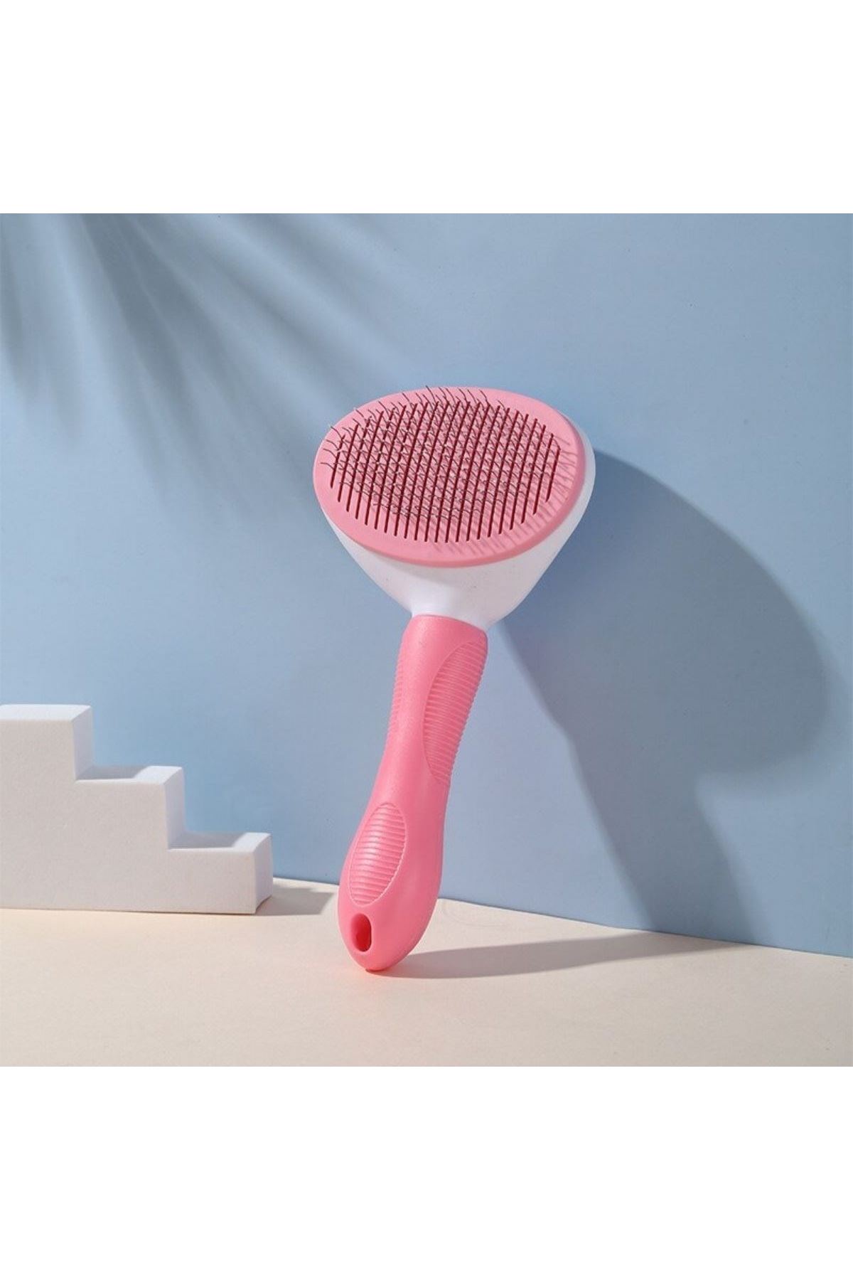 TBL Dekor® Kedi Köpek Tüy Toplayıcı Kendini Temizleyebilen Ergonomik Saplı Evcil Hayvan Tarağı Pembe