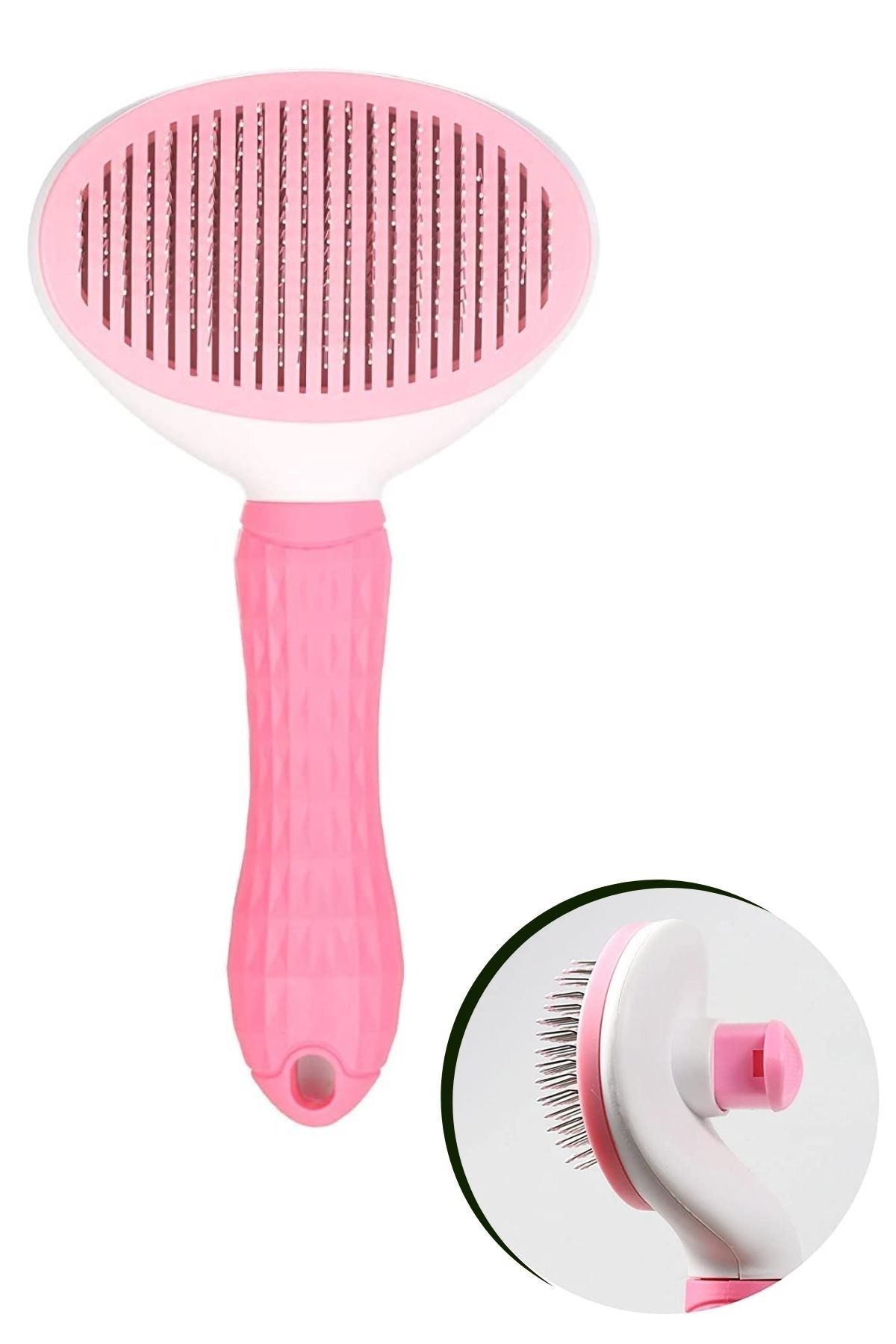 TBL Dekor® Kedi Köpek Tüy Toplayıcı Kendini Temizleyebilen Ergonomik Saplı Evcil Hayvan Tarağı Pembe