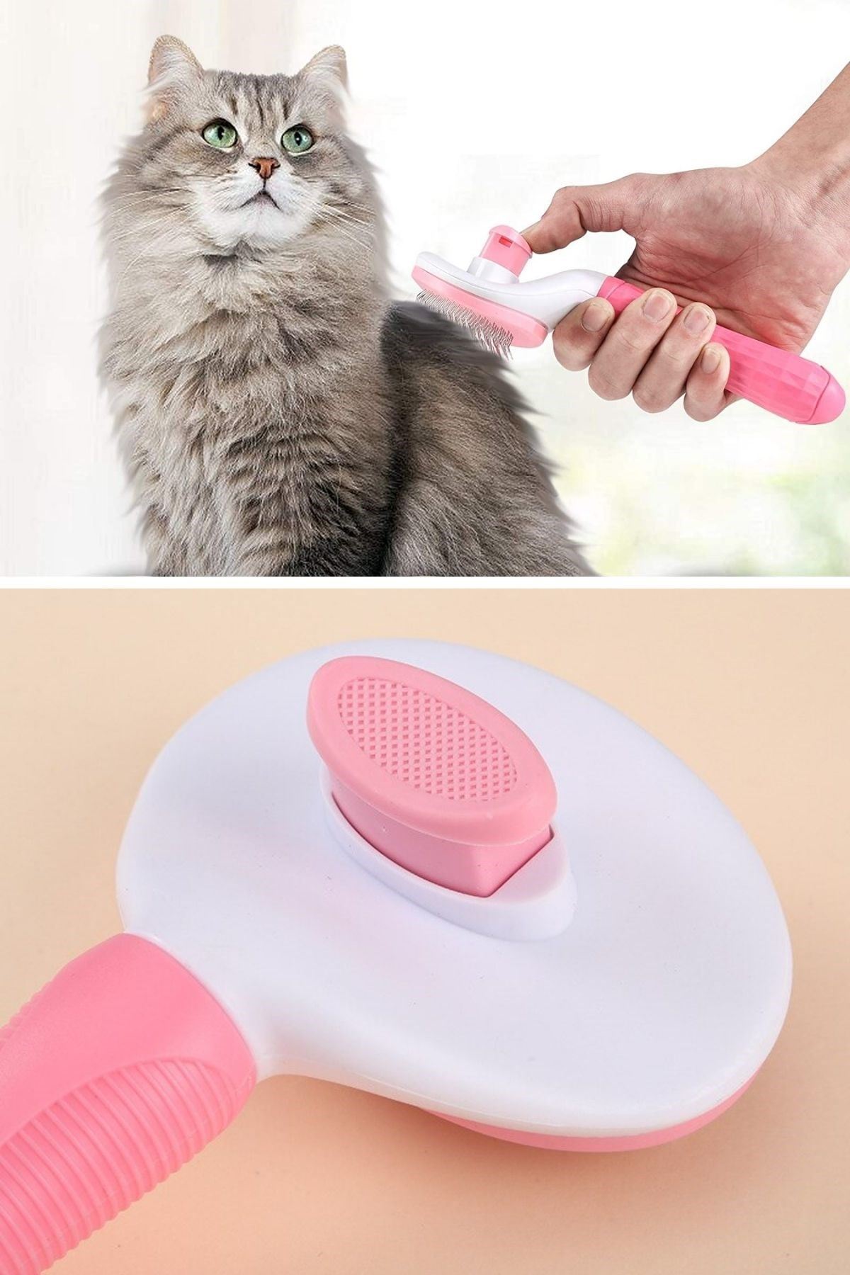 TBL Dekor® Kedi Köpek Tüy Toplayıcı Kendini Temizleyebilen Ergonomik Saplı Evcil Hayvan Tarağı Pembe