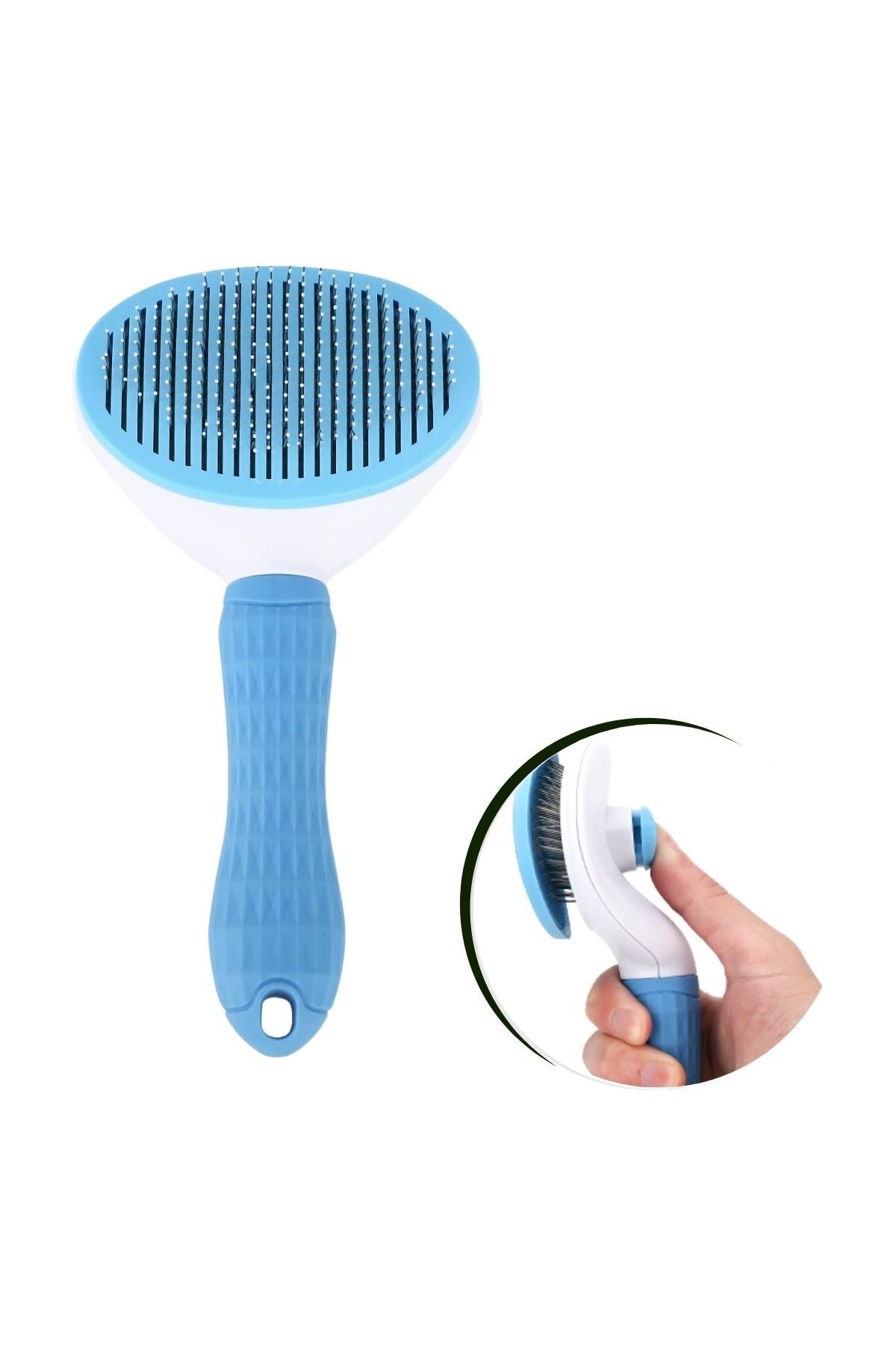 TBL Dekor® Kedi Köpek Tüy Toplayıcı Kendini Temizleyebilen Ergonomik Saplı Evcil Hayvan Tarağı Mavi