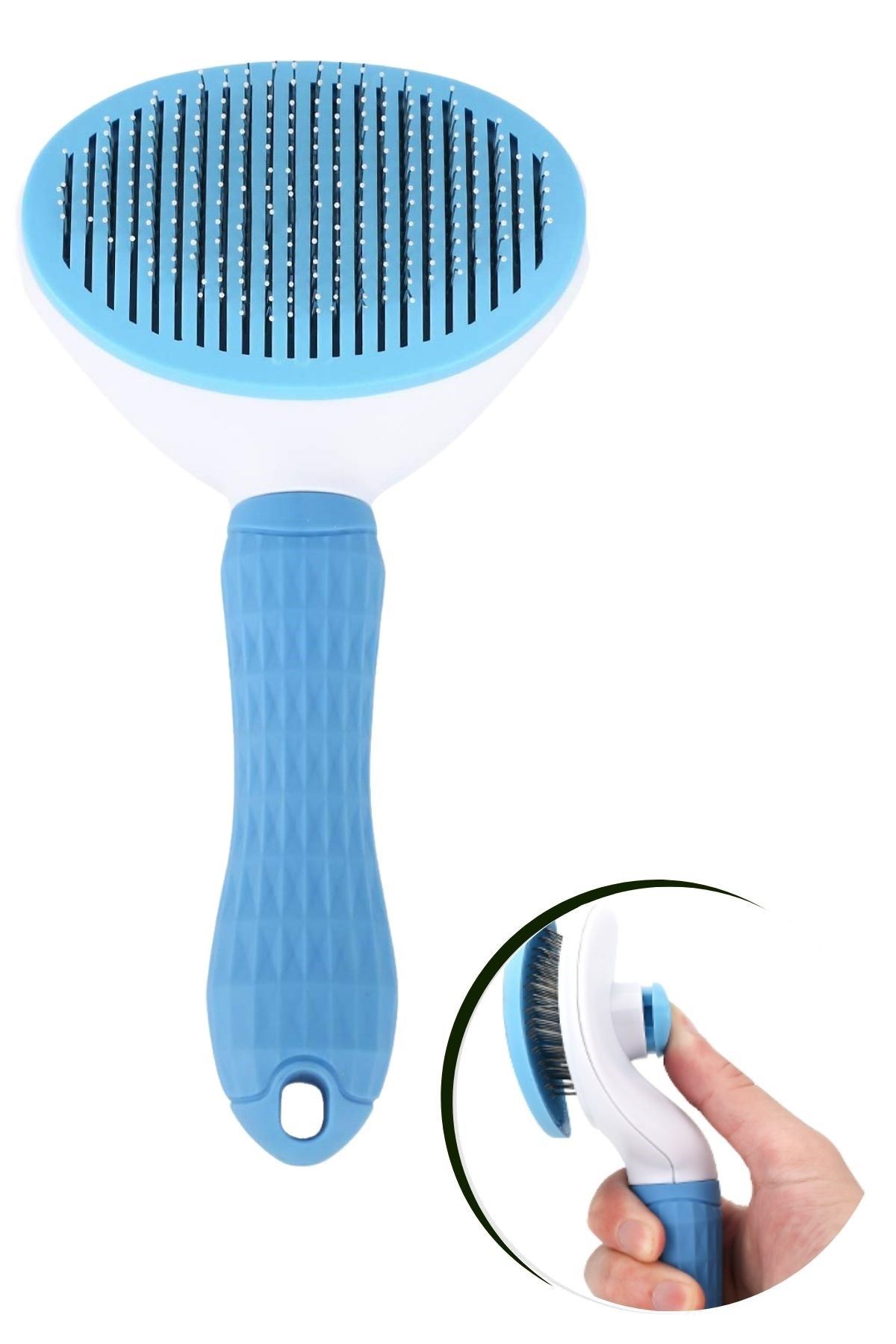 TBL Dekor® Kedi Köpek Tüy Toplayıcı Kendini Temizleyebilen Ergonomik Saplı Evcil Hayvan Tarağı Mavi