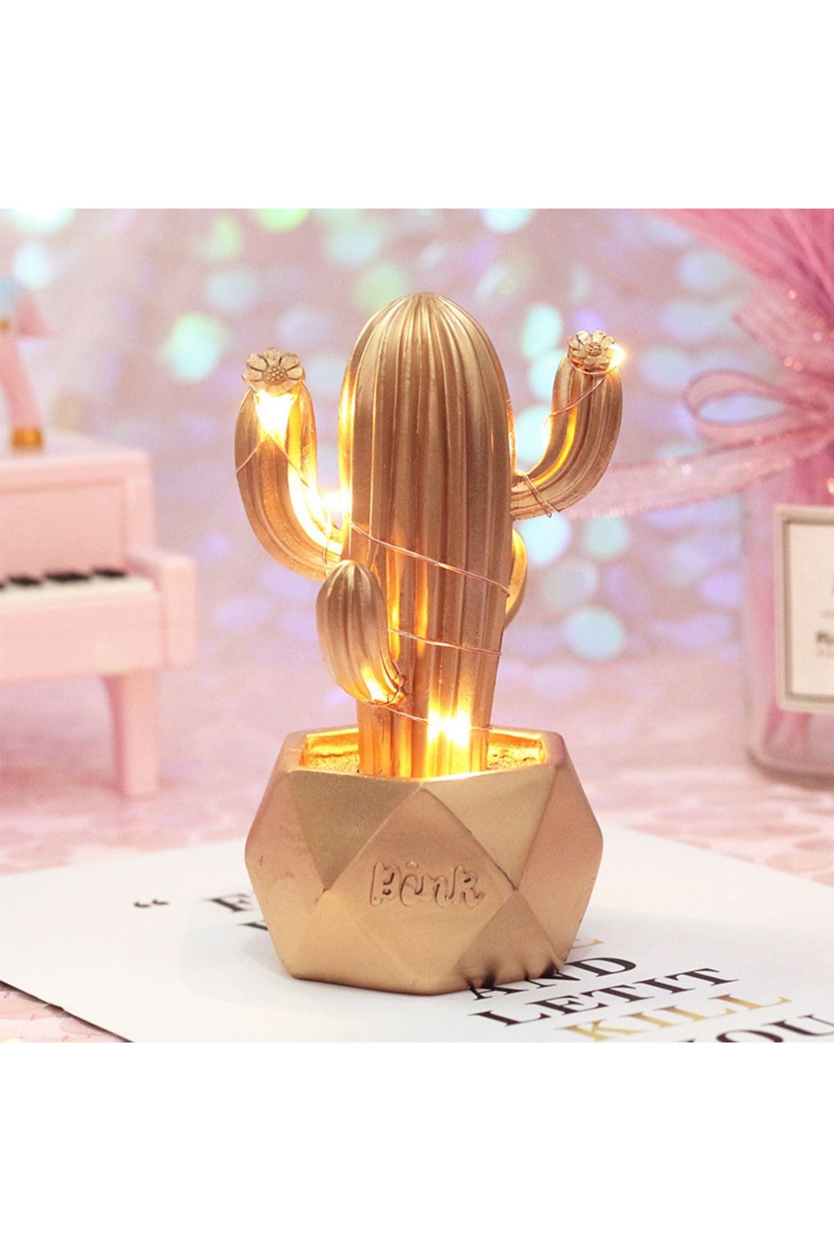TBL Dekor® Led Işıklı Sevimli Kaktüs Dekoratif Masa Lambası Mini Biblo Gece Lambası-GOLD