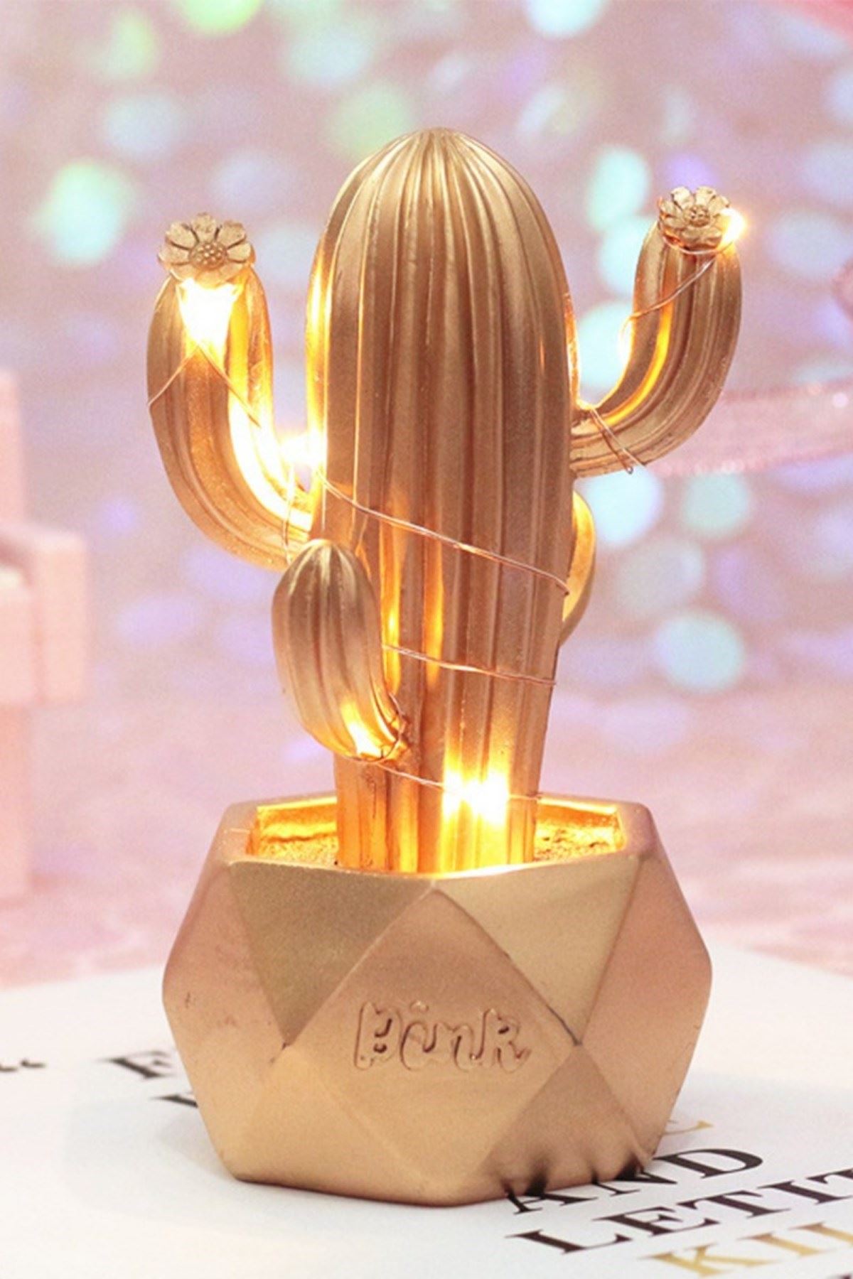 TBL Dekor® Led Işıklı Sevimli Kaktüs Dekoratif Masa Lambası Mini Biblo Gece Lambası-GOLD