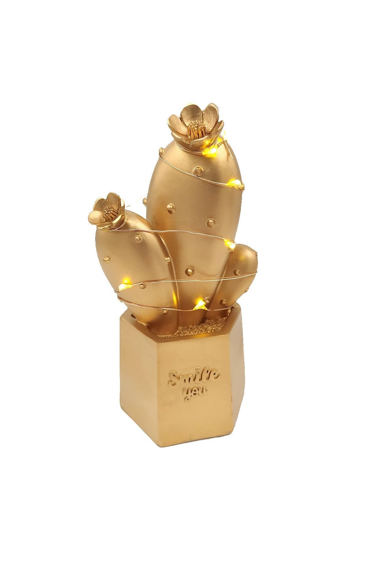 TBL Dekor® Led Işıklı Sevimli Kaktüs Dekoratif Masa Lambası Mini Biblo Gece Lambası Gold