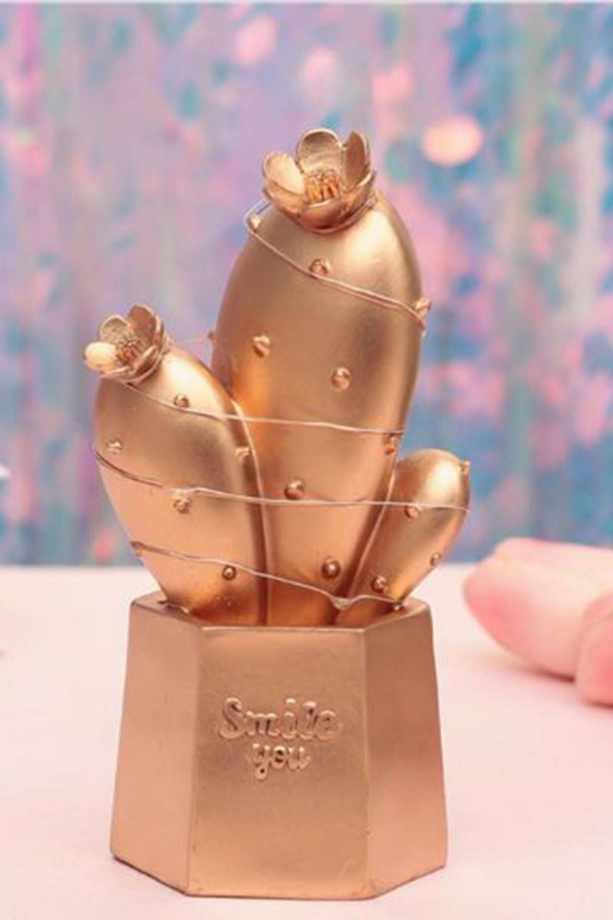 TBL Dekor® Led Işıklı Sevimli Kaktüs Dekoratif Masa Lambası Mini Biblo Gece Lambası Gold