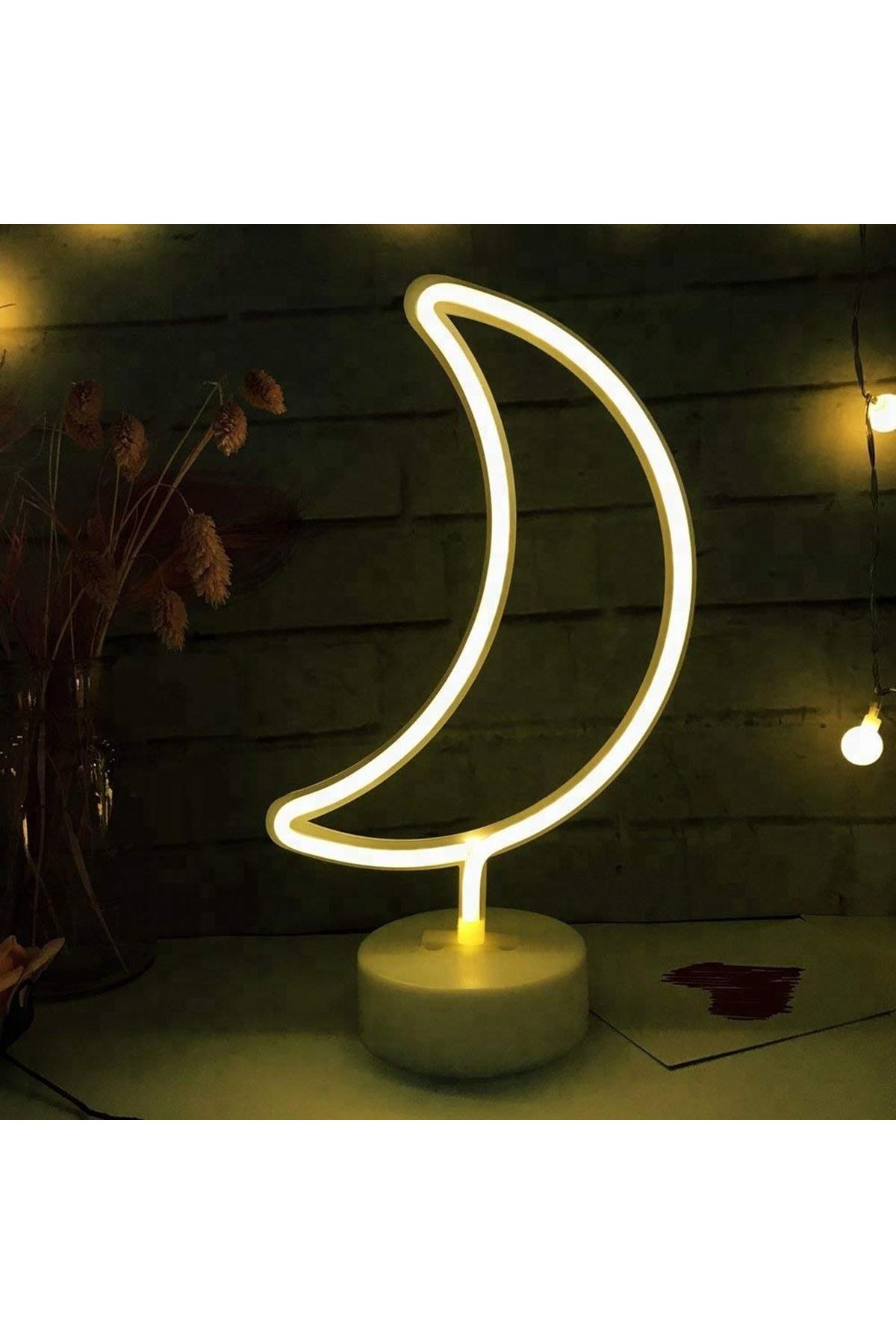 TBL Dekor® Dekoratif Pilli Ay Tasarımlı 3D Neon Led Masa Ve Gece Lambası