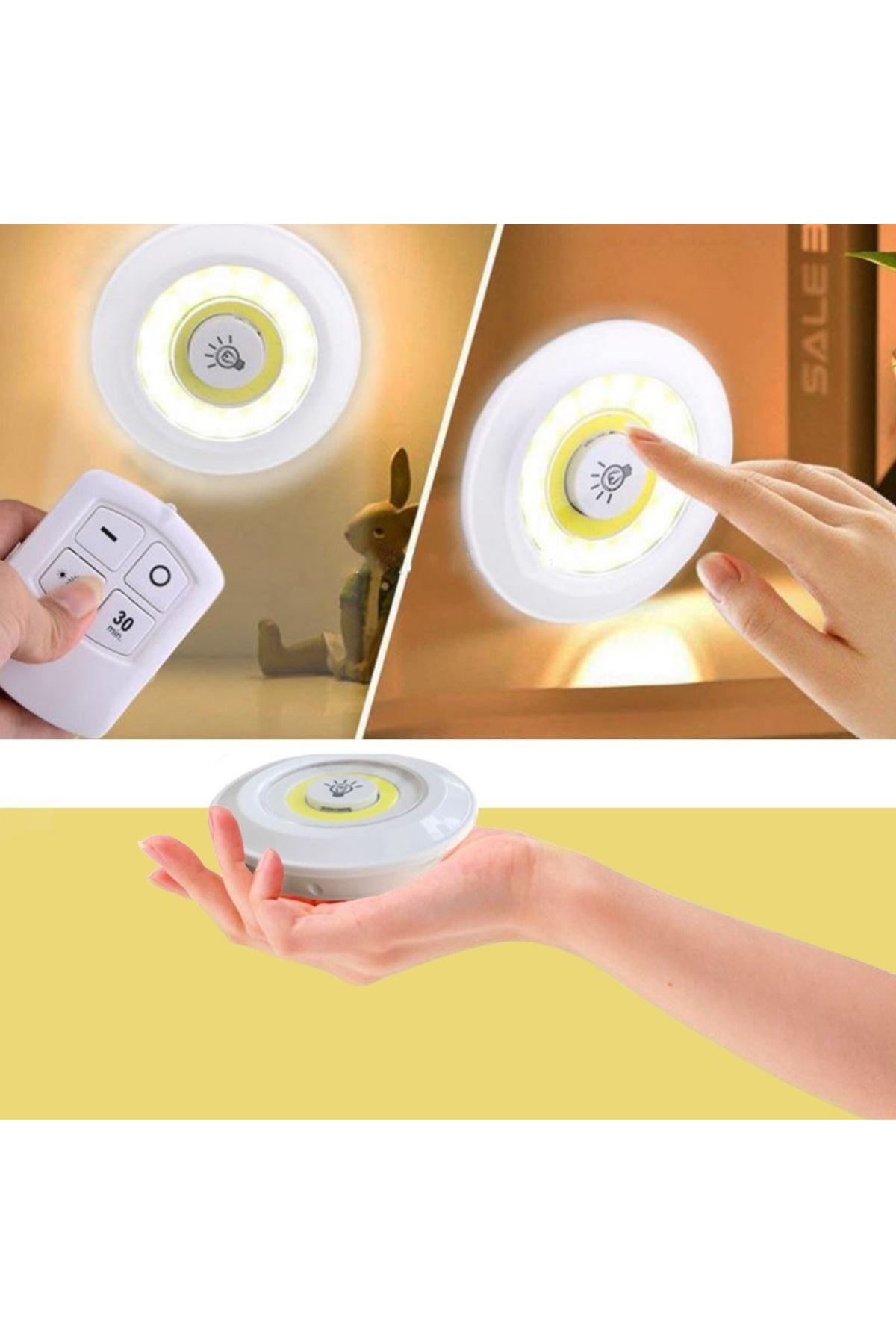 TBL Dekor® 3lü Uzaktan Kumandalı Pilli Yapışkanlı Kablosuz Led Spot Lambalar