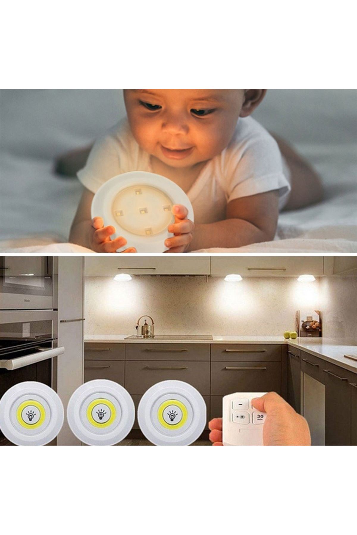 TBL Dekor® 3lü Uzaktan Kumandalı Pilli Yapışkanlı Kablosuz Led Spot Lambalar