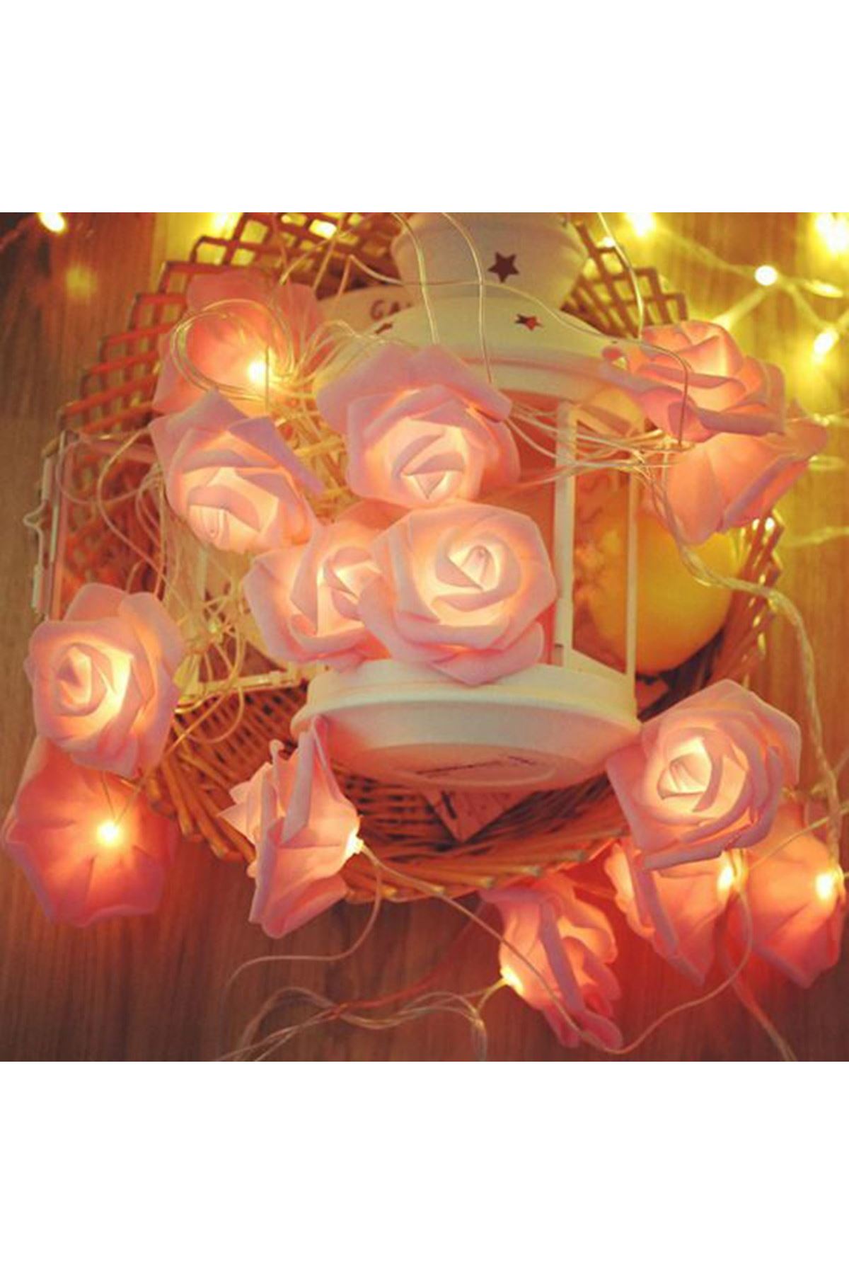 TBL Dekor® Yapay Gül Tasarımlı Dekoratif Led Işık Gül Detaylı Led Işık Pilli (20 Gül)