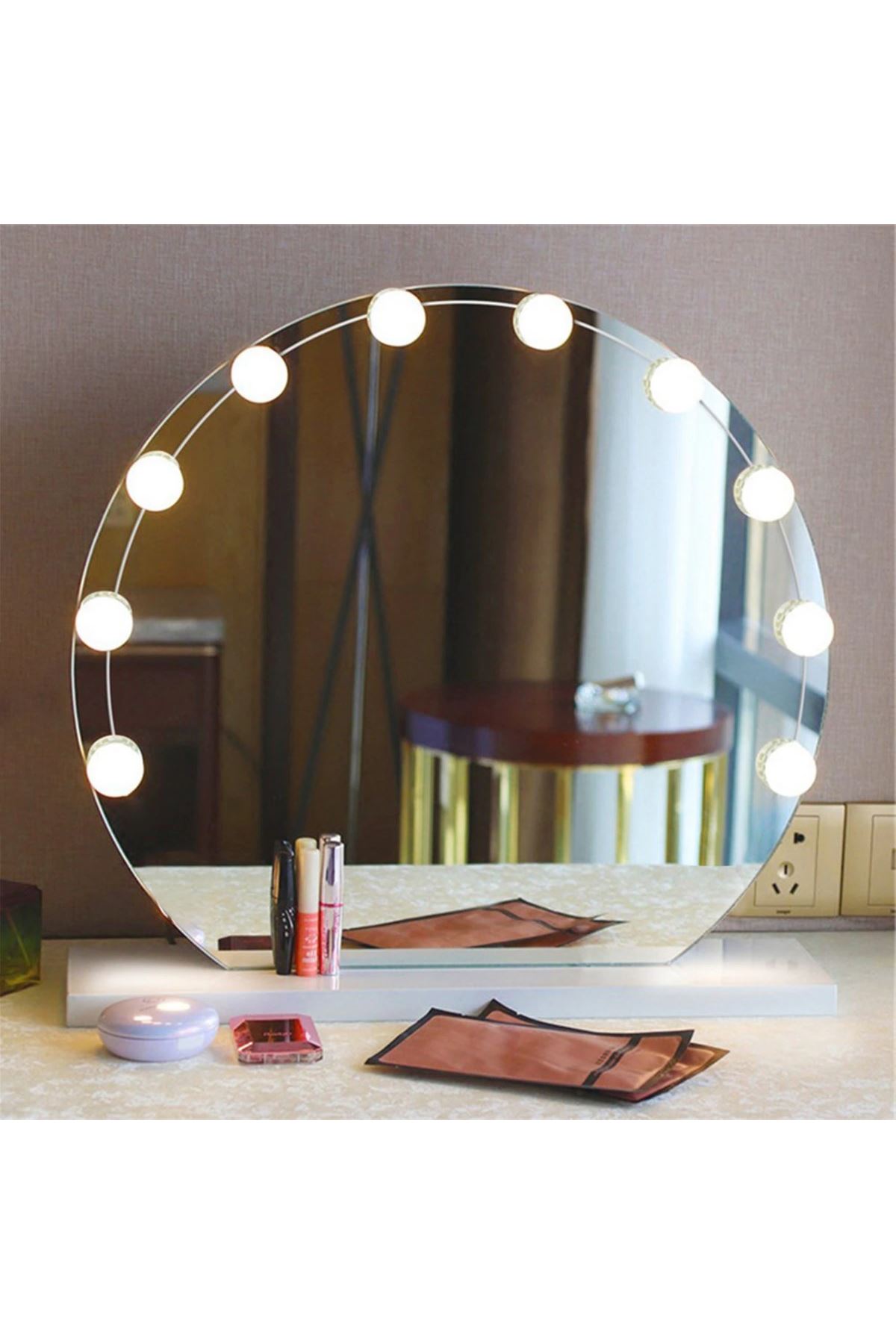 TBL Dekor® Nostalji Hollywood Tarzı 10lu Makyaj Masası Aynası Beyaz Led Işıklı Lamba USB