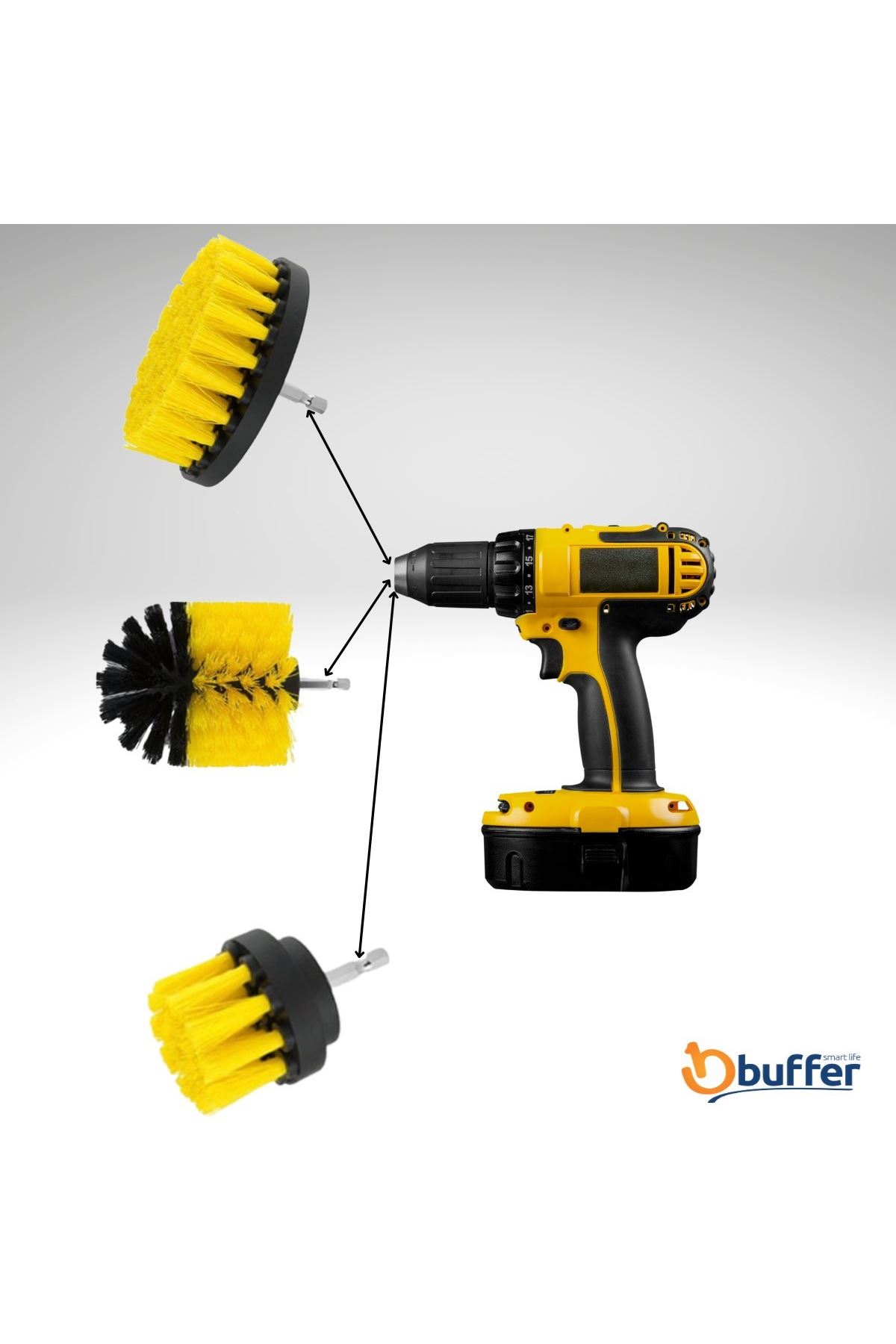 TBL Dekor® 3lü Matkap Ucu Banyo Küvet Duşakabin Araba Tekerliği Koltuk Yıkama Temizleme Fırçası Seti