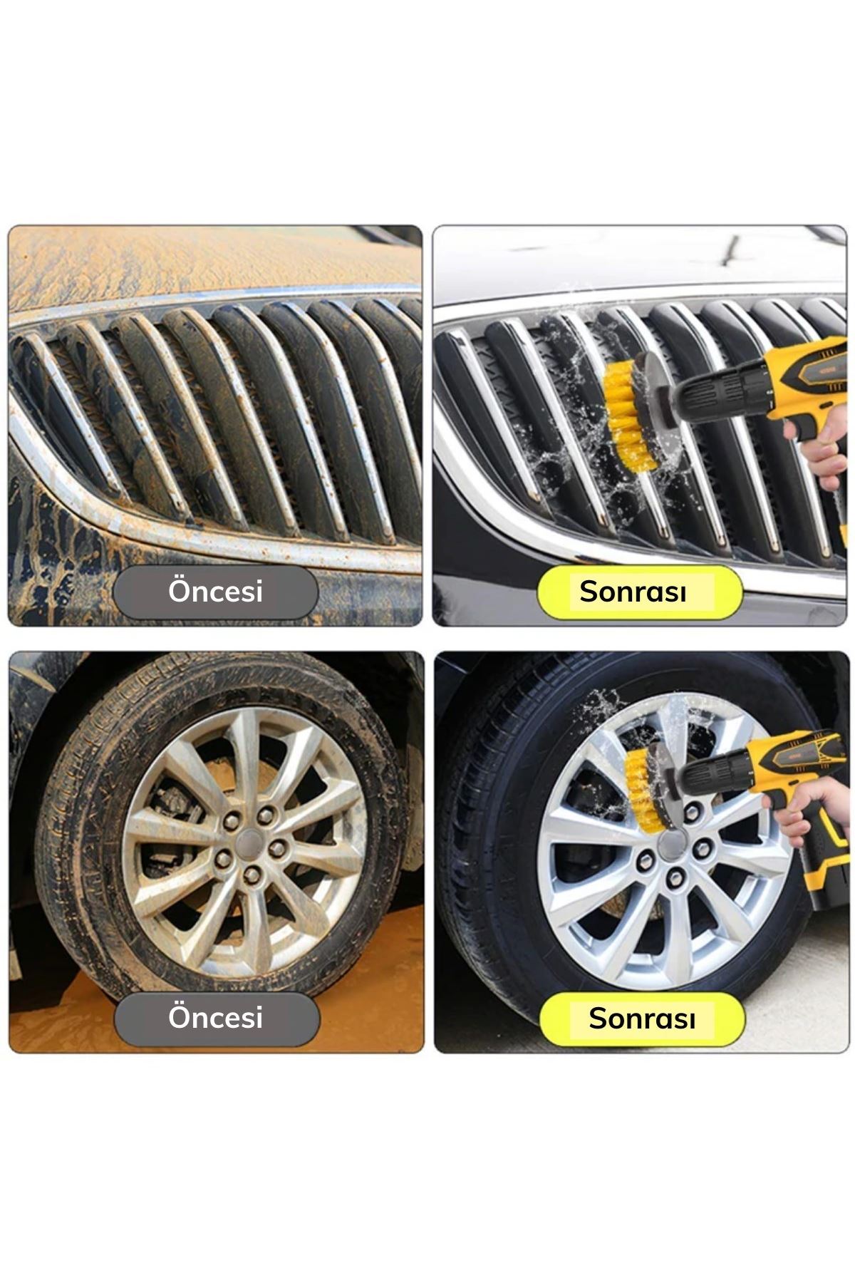 TBL Dekor® 3lü Matkap Ucu Banyo Küvet Duşakabin Araba Tekerliği Koltuk Yıkama Temizleme Fırçası Seti