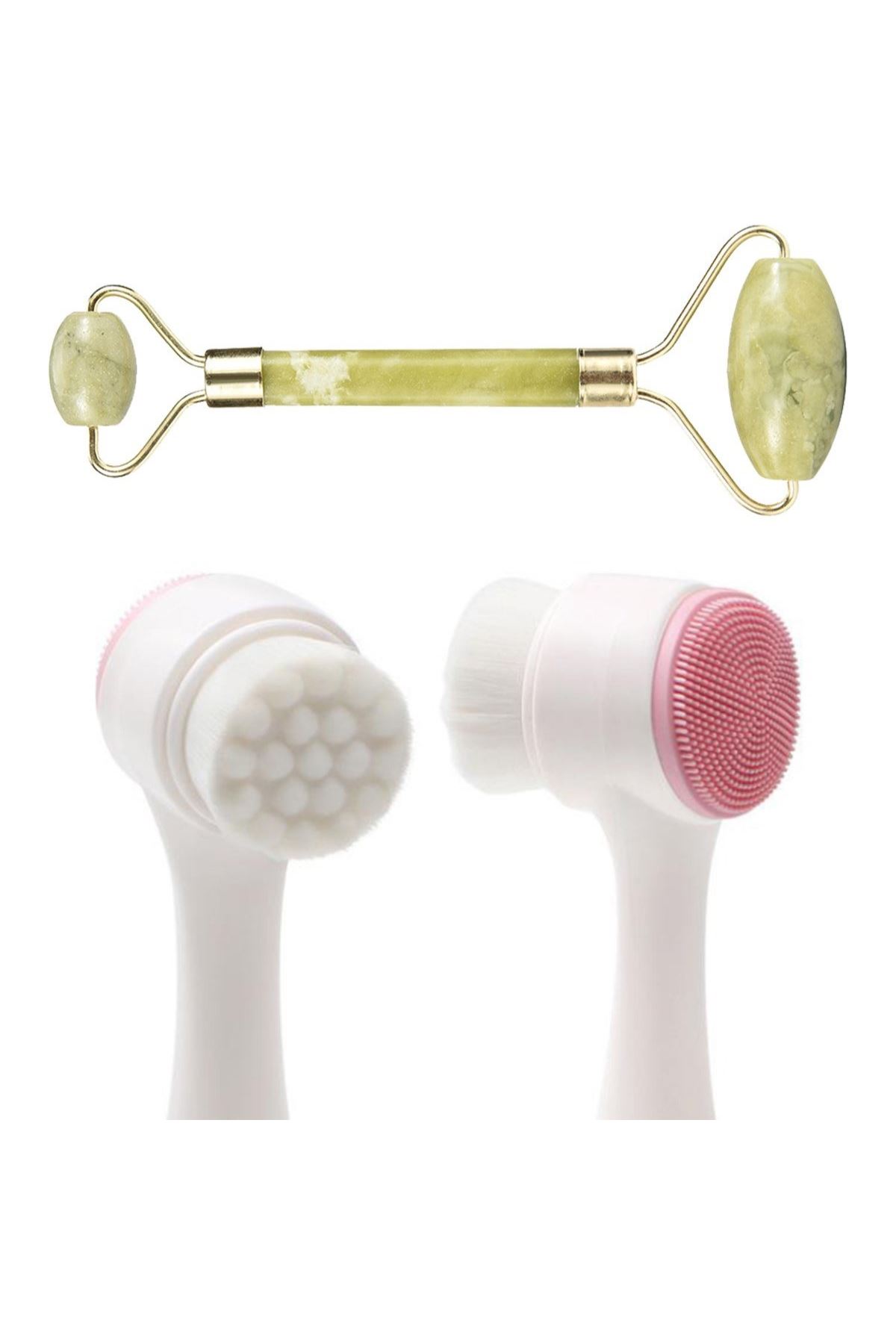 TBL Dekor® 2li Set Çift Taraflı Cilt Temizleme Fırçası ve Yeşim Taşı Çift Taraflı Cilt Masaj Aleti