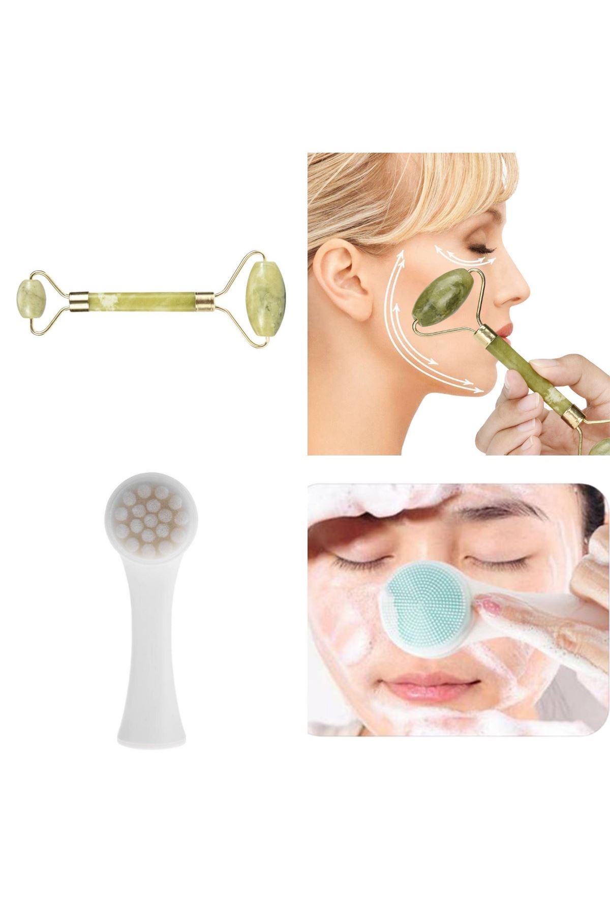 TBL Dekor® 2li Set Çift Taraflı Cilt Temizleme Fırçası ve Yeşim Taşı Çift Taraflı Cilt Masaj Aleti